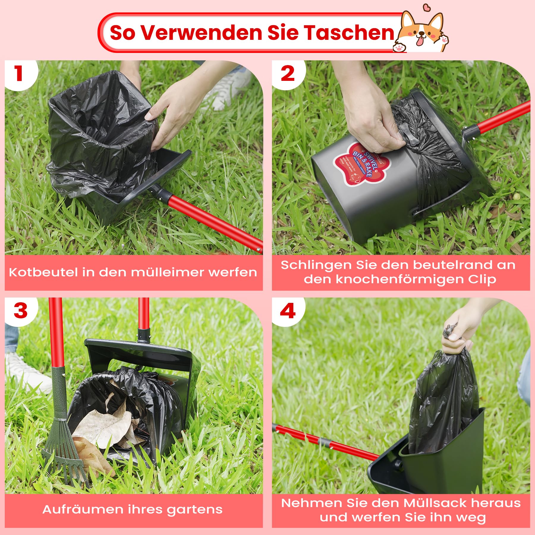Hundekotschaufel Schwenkbehälter Und Rechen Mit 60 Hundekotbeutel, Hundekotsammler Für Große, Mittelgroße Und Kleine Hunde, Langer Edelstahlgriff Für Hof, Gras, Erde Oder Kies