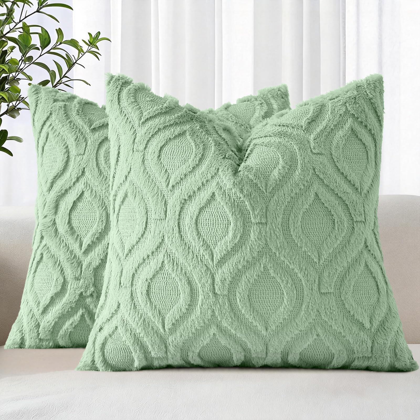 decorUhome Faux Fur Plush Sage Green Throw Pillow Covers 18x18 Set of 2