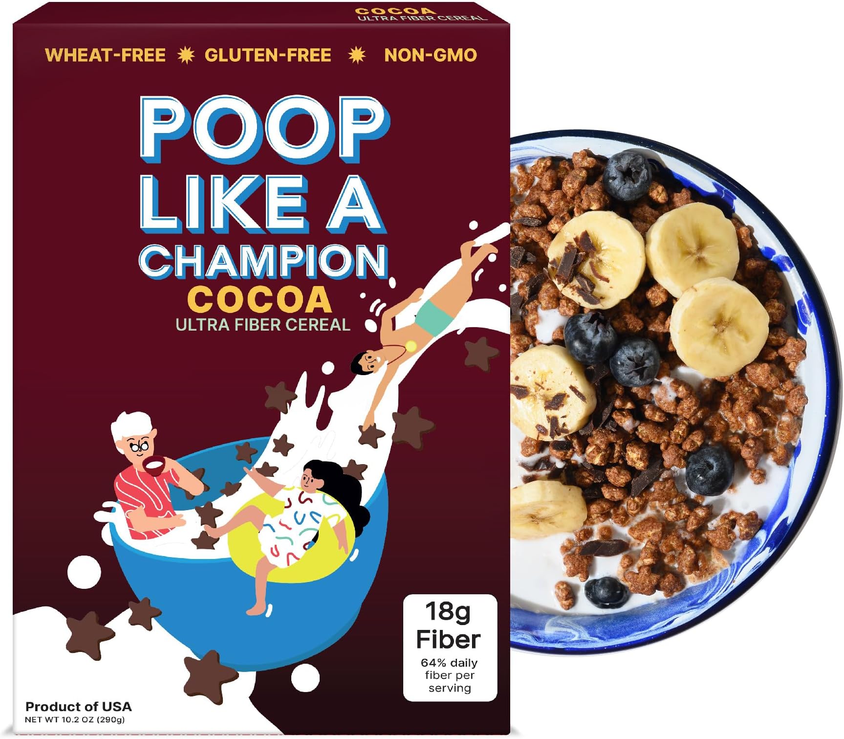 Chocolate High Fiber Cereal 18g Fiber | Gluten Free Healthy Bran Cereal | Poop Like A Champion Cocoa Cereal - Healthy Cereal with Soluble Fiber & Psyllium Husk | Non GMO | Constipation Relief