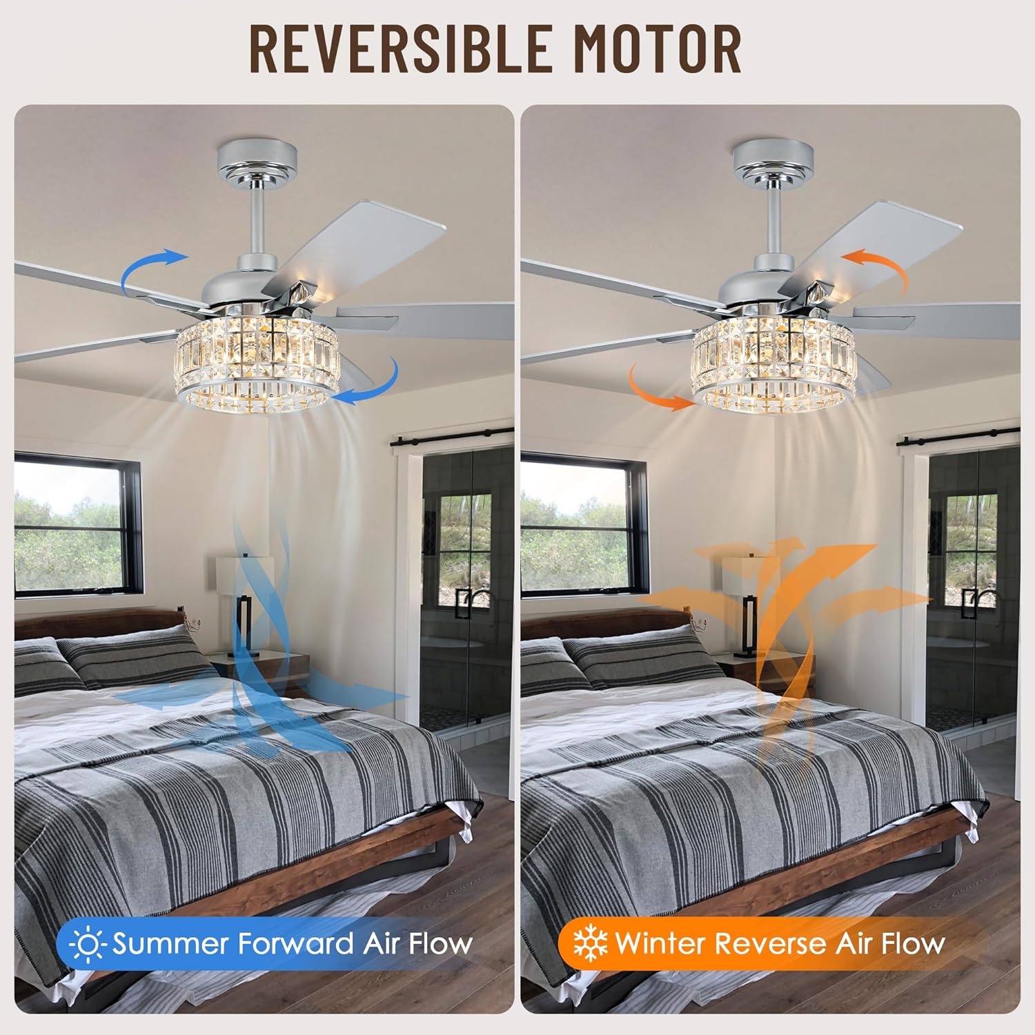 52" Crystal Ceiling Fans with Lights and Remote, Chandelier Ceiling Fan with 5 Wood Reversible Blades,Quiet Motor,Crystal Fandelier Ceiling Fan with Light for Living Dining Room Bedroom