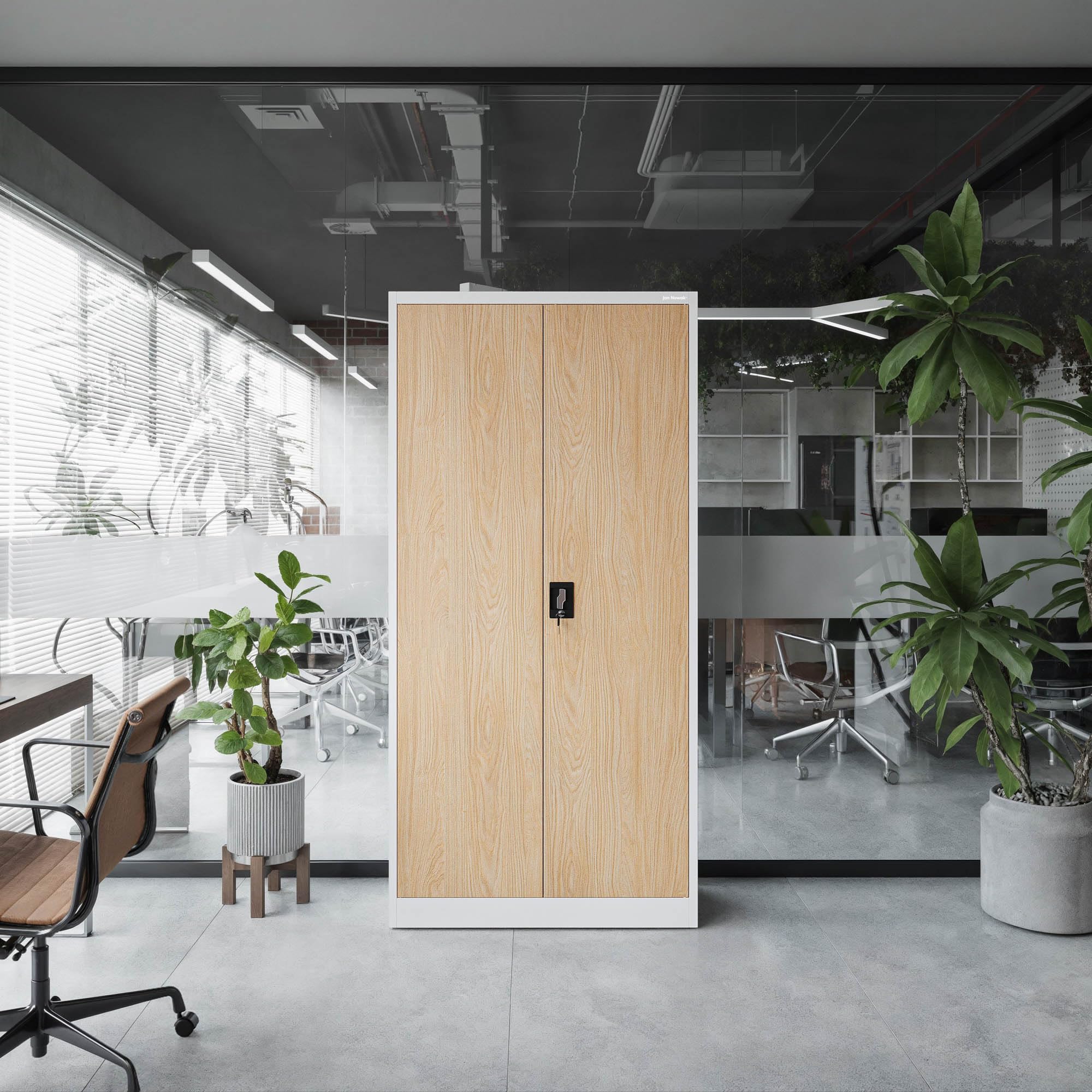 Jan Nowak Armoire de Bureau métallique 4 étagères tôle d'acier revêtement en Poudre 185 cm x 90 cm x 40 cm (Blanc/Imitation Bois)