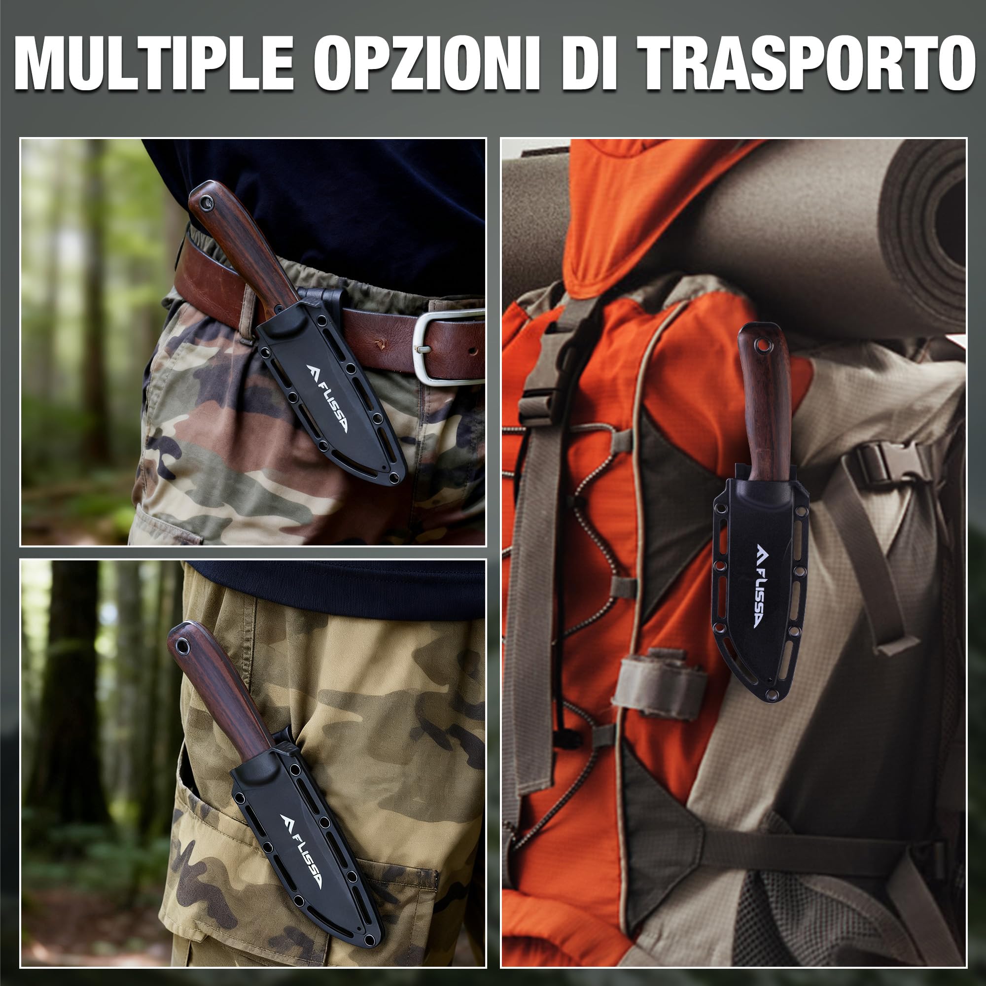 FLISSA Coltello a Lama Fissa con Manico in Ebano Nero, Design Full Tang, Lama Affilata in Acciaio 14C28N, Clip per Cintura Rotante 180°, Ideale per Sopravvivenza, Campeggio ed Escursionismo