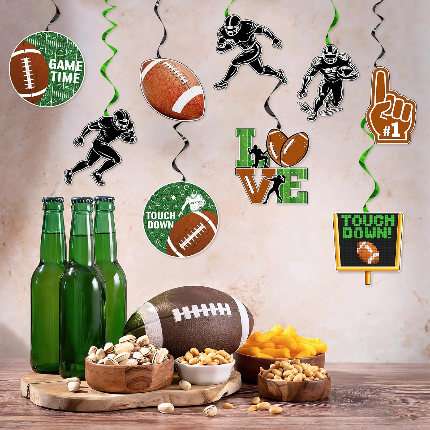 9Pcs Football Party Hanging Streamers Game Day Hanging Swirls Decoration Boy First Year Down Birthday Foil Streamer Swirl Spiral Door Decorations Football Sports Ceiling Whirls for Tailgate Party