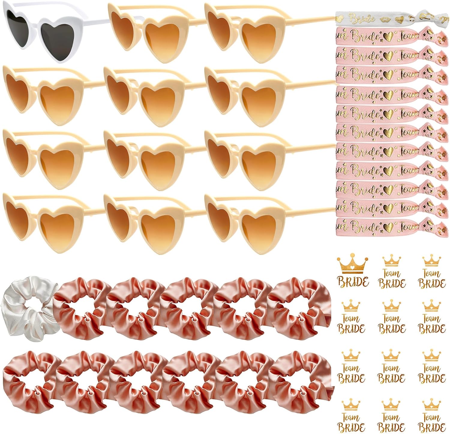 Kit 48 Pièces Lunettes Cœur – 12 Paires, Bracelets, Élastiques Soie, Tatouages, Enterrement Vie Jeune Fille, Mariage, Événement Groupe