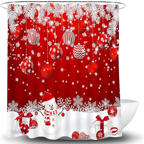 Miniatura 4 de BBIOKD Cortina de ducha de bolas de Navidad rojas, Feliz Navidad, copo de nieve, muñeco de nieve, fantasía, adornos de Año Nuevo, regalo, tela de