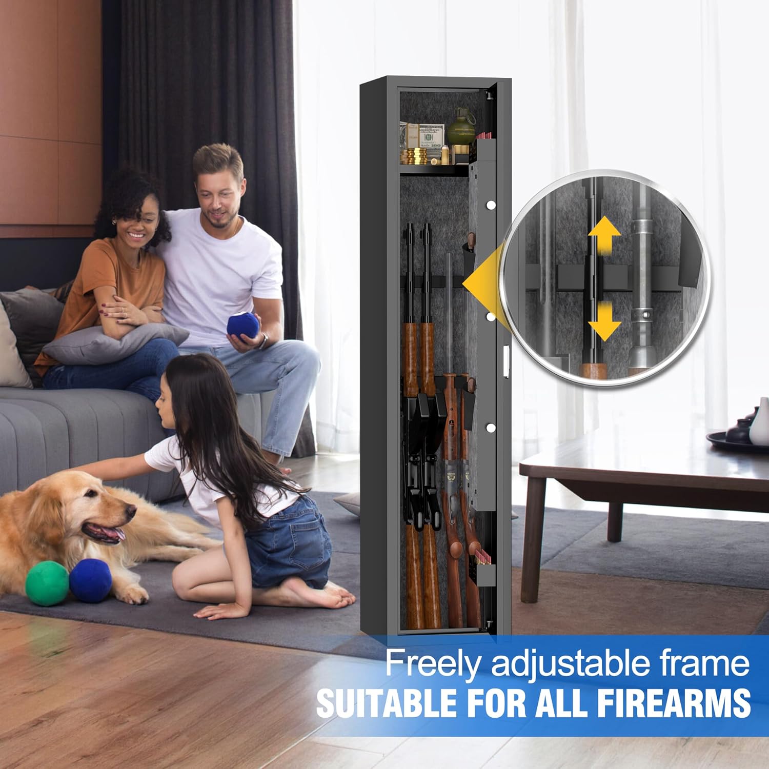 Adjustable gun racks inside the safe to accommodate various firearm lengths.