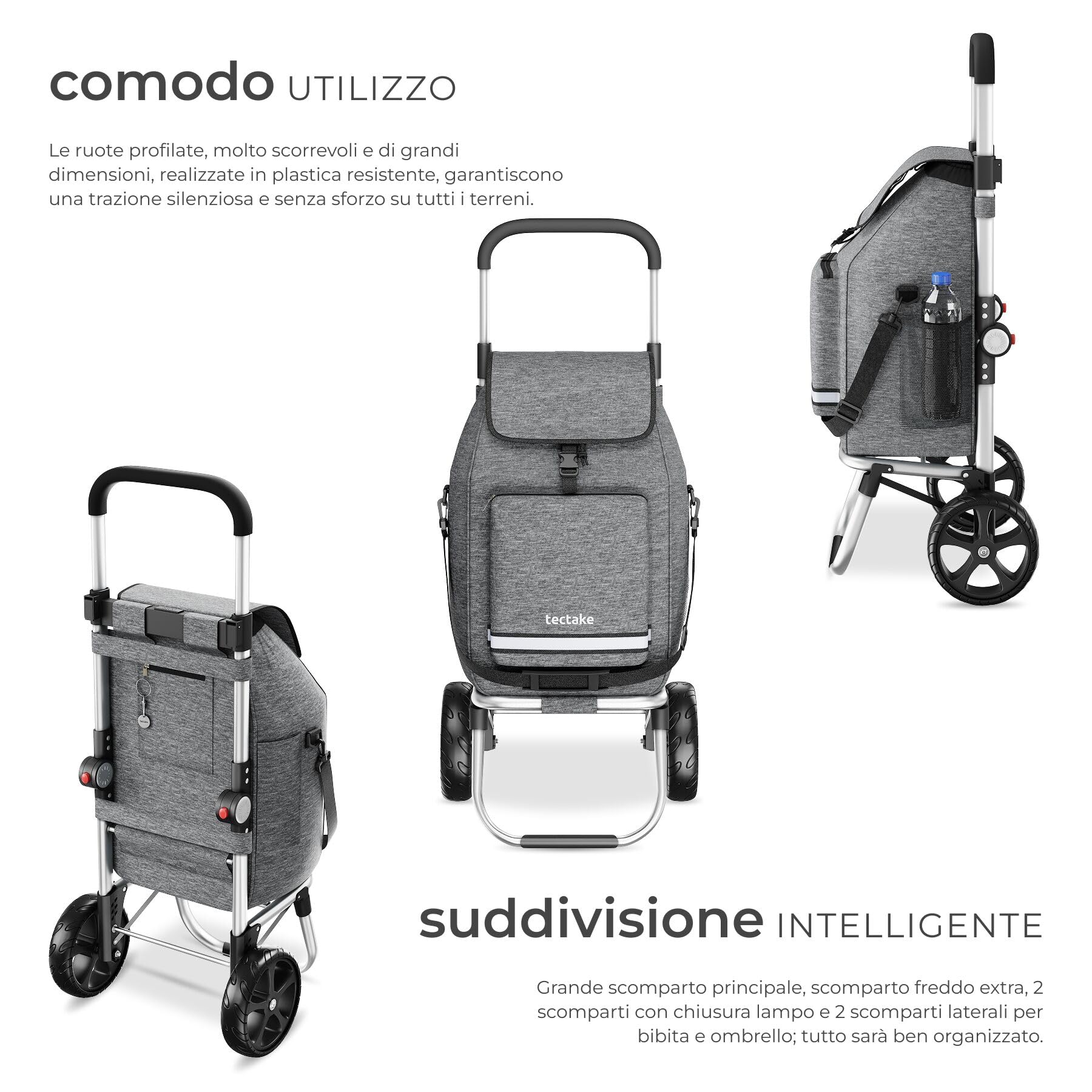 tectake® Carrello Spesa Shopper 3 in 1, Trolley Pieghevole con Borsa Termica per Surgelati, Carrello con Ruote Portatutto, Carrellino Spesa Con Ruote Scorrevoli, Capacità max 30 kg / 56 L - Grigio