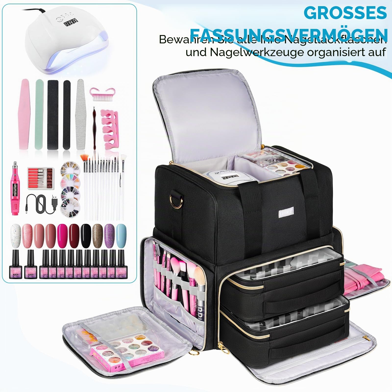 Nagellack Tasche Doppelschichtige Aufbewahrung Organizer für 80 Flaschen 15 ml Nagellampe Schwarz