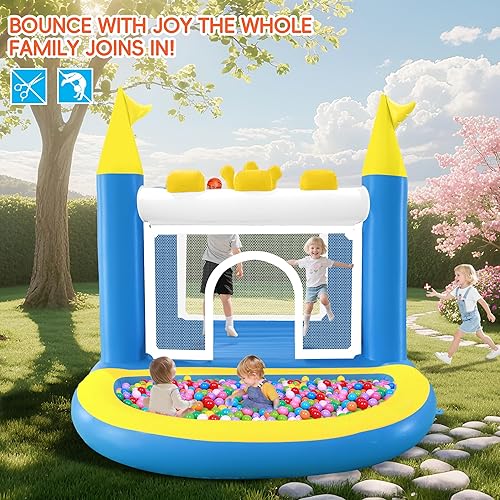 Miniatura 8 de Mini casa inflable con hoyo de bolas, castillo animoso de PVC 5 en 1 para niños con bomba de aire eléctrica, casa de salto de corona pequeña para