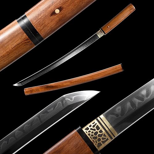 Wakizashi Espada recta Damasco doblado acero hecho a mano, espada samurái hecha a mano, espada de espiga completa, afilada