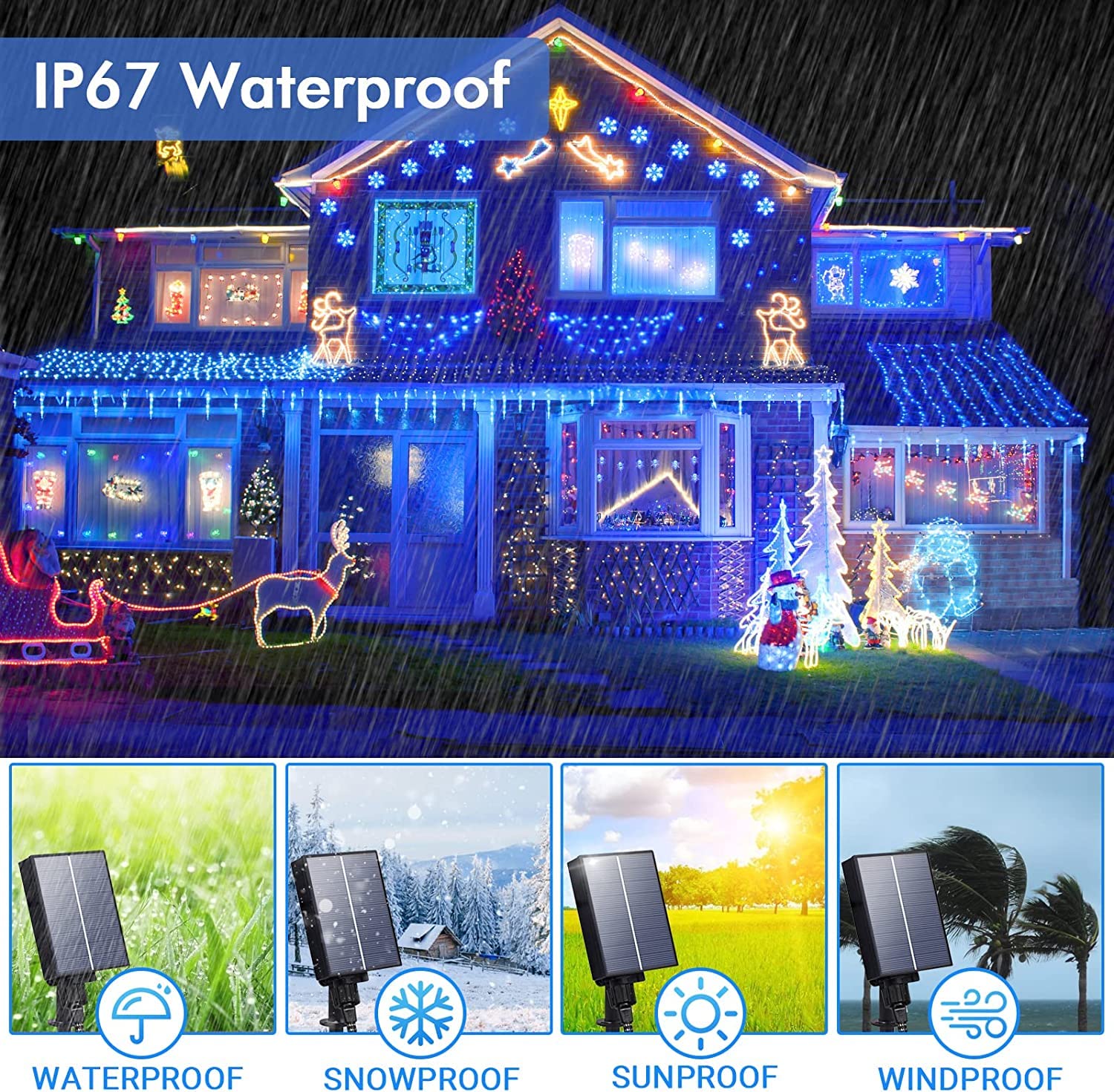 KINGCOO Zewnętrzne lampki solarne 300 LED, wodoodporne, 32 m, przewód miedziany, łańcuch świetlny z pilotem i timerem, do ogrodu, na drzewo, wesele, przyjęcie, Boże Narodzenie, dekoracja (niebieska)