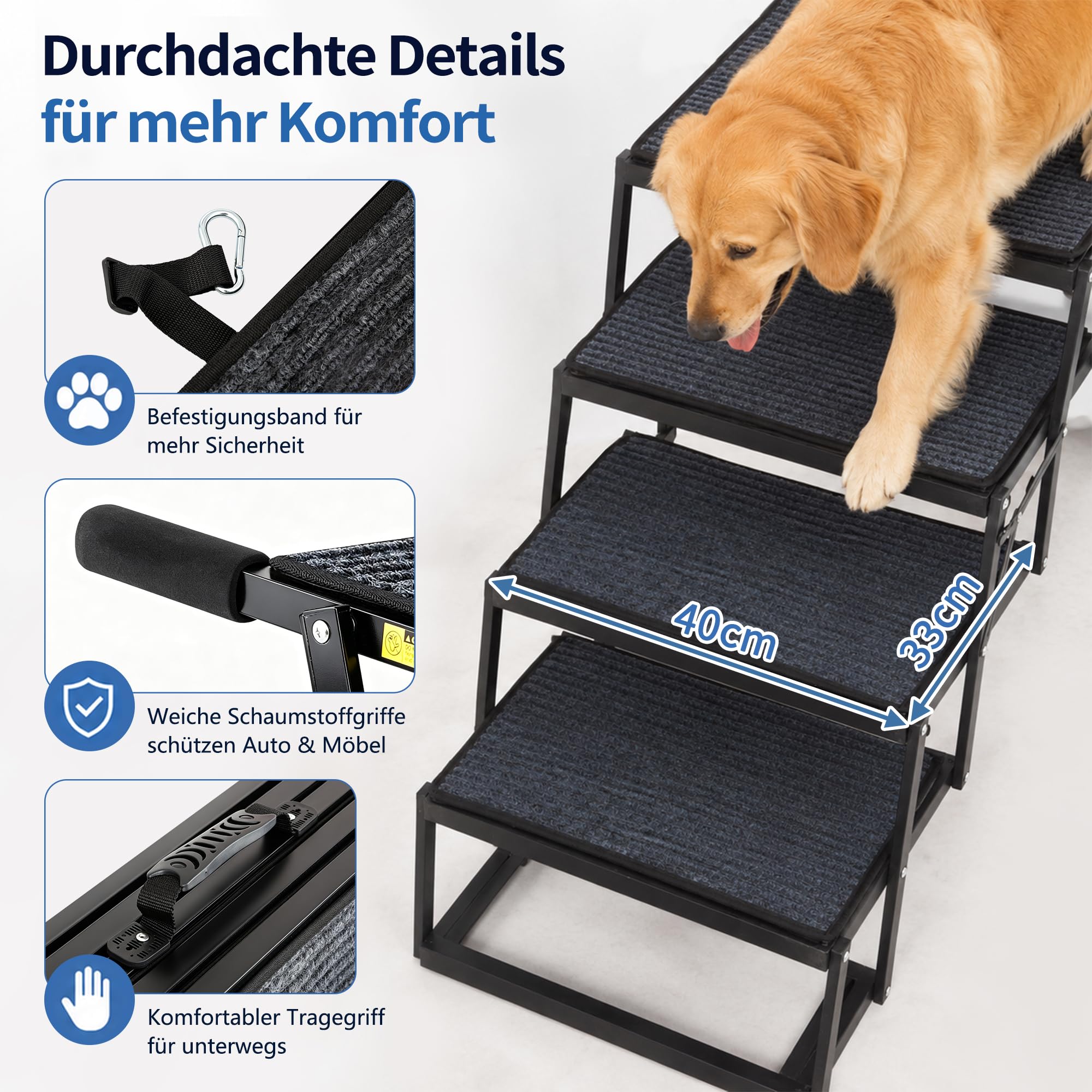 Thanaddo Hundetreppe Auto, 5-stufige Hundetreppe 80 cm für Große Hunde mit Teppich, Hunderampe Auto klappbar Extra Stabile Höhenverstellbar, Leichte Rampe Hund für alle Autos geeignet, bis zu 100KG