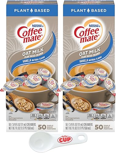 Nestle Coffee mate - Crema líquida para café a base de plantas, leche de avena con sabor a vainilla, caja de 50 unidades (paquete de 2) con cuchara