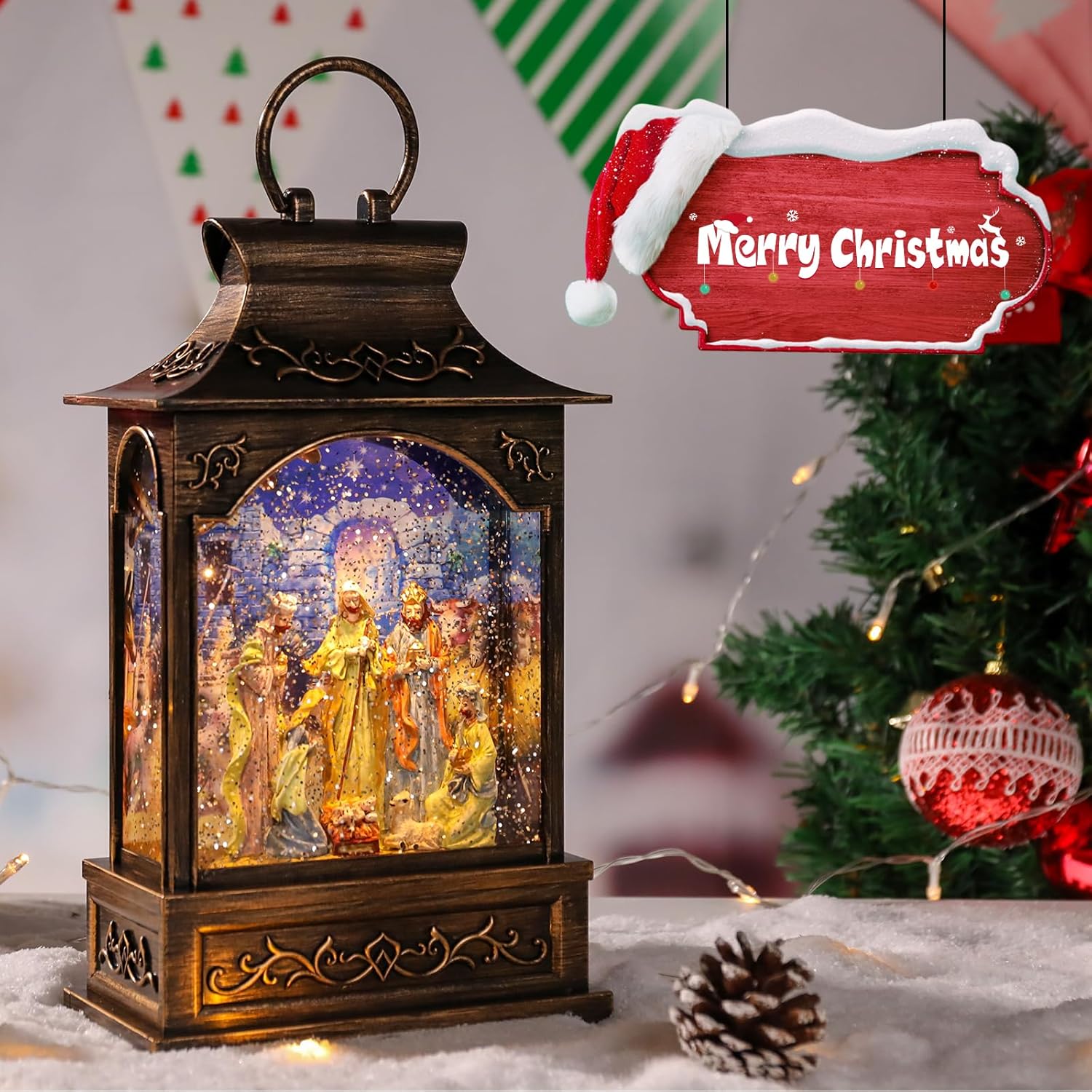 MUMTOP Christmas Snow Globes, Nativity Snow Globe Glittering Water Lanterns with Music Box and USB Powered & Battery Operated Lighted Snow Globe for Christmas Home Church Chapel Decorations and Gifts