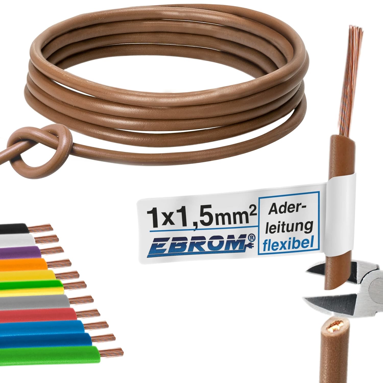 Wire Cable – Single core Flexible – PVC Cable – H07V-K 1.5 mm² – Colour: Brown 10 m/15 m/20 m/25 m/30 m/35 m/40 m/45 m/50 m/55 m/60 m to 100 m Freely Selectable.
