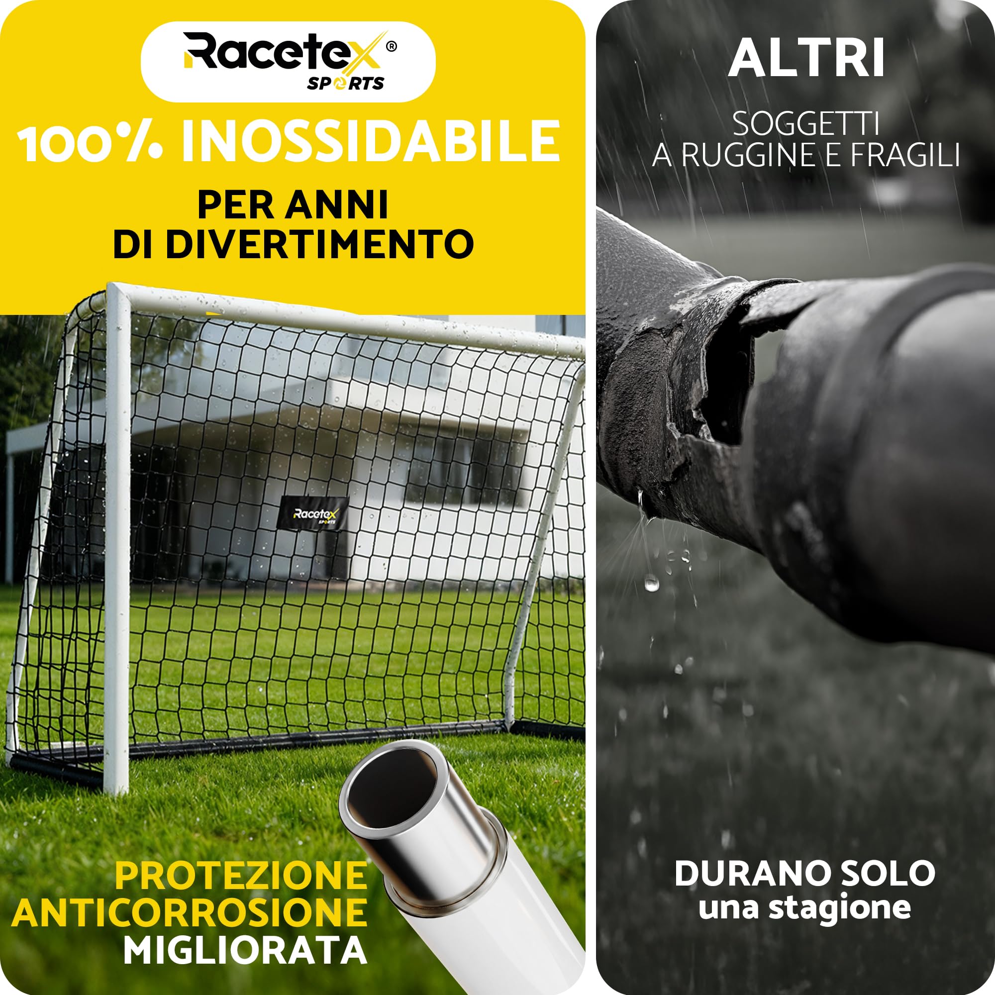 Racetex Porta da calcio per giardino, bambini e adulti [ENORM ROBUST] – Porta da calcio per bambini con robusto telaio in acciaio inox – Porta da calcio con ancoraggio a terra in acciaio inox – La