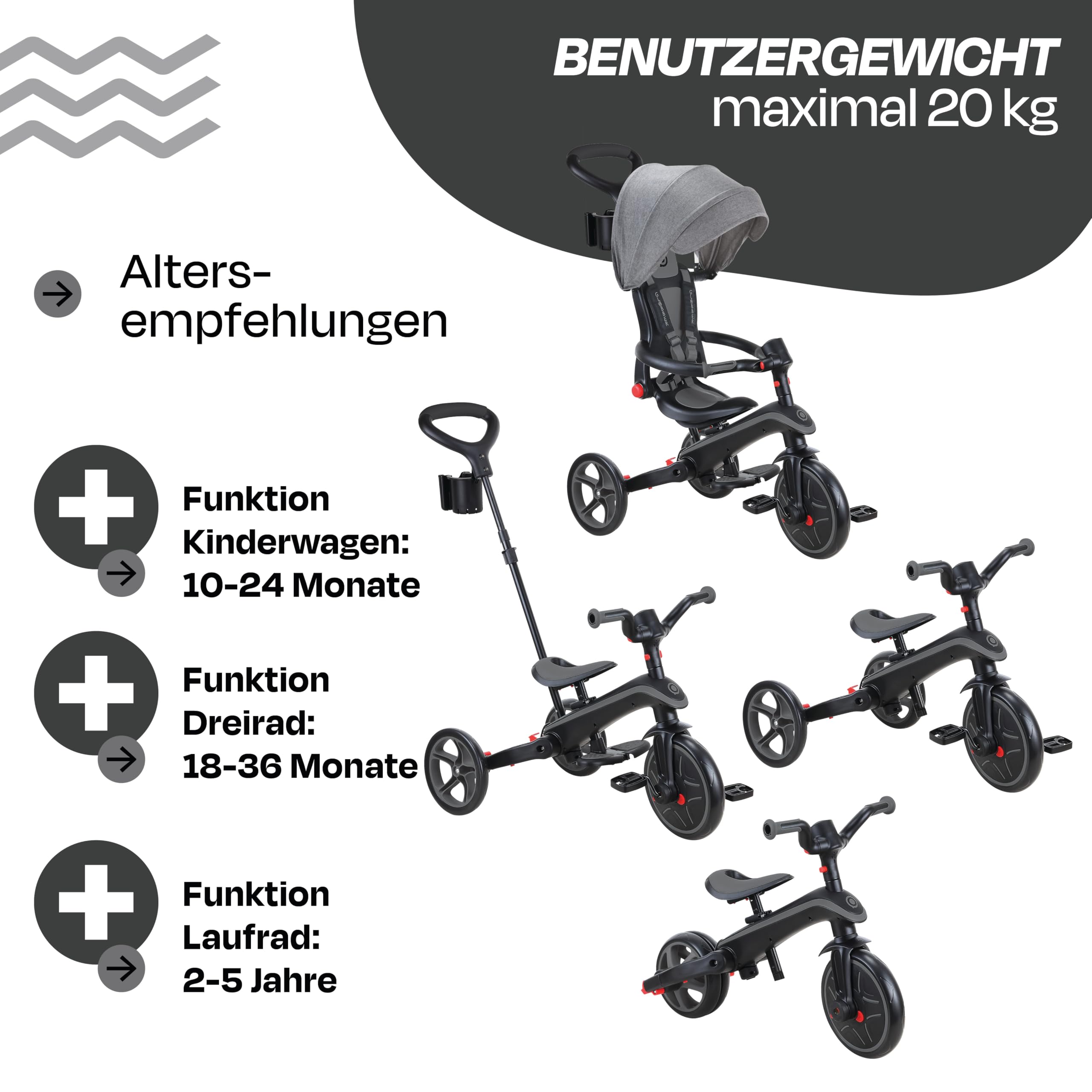 GLOBBER Explorer Trike Foldable 4in1 schwarz-grau – Dreirad, Laufrad und Kinderwagen in 10/8,5 Zoll – TPR-Sitz – höhenverstellbares Kinderfahrzeug