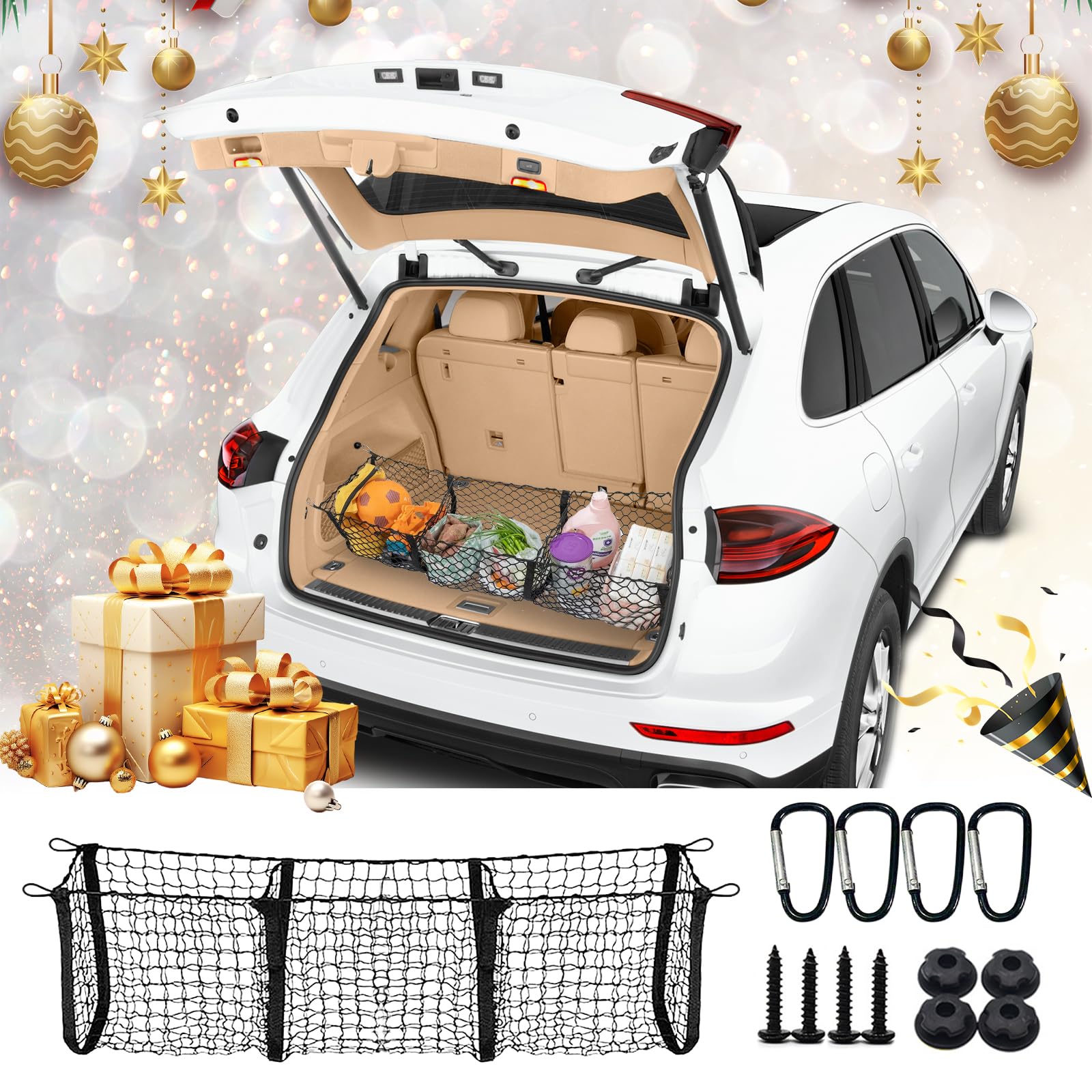 Cargo Net for SUV,Universal Elastic Mesh Net Trunk Bag Interior Accessories Storage 3 Pocket Cargo Net with Metal Hooks(43.3x11.8inch/110cmx30cm)