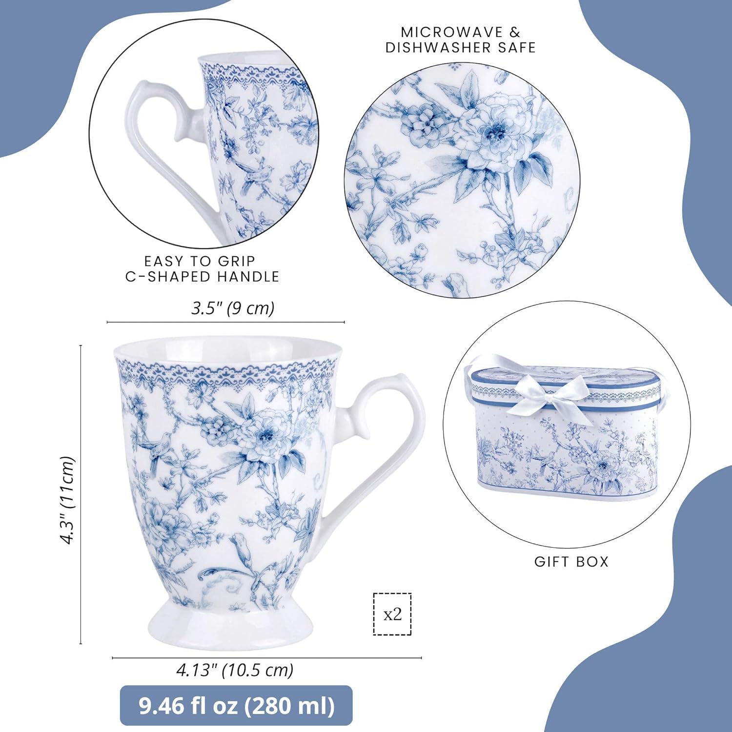 STP GOODS Blue Flowers Bone China Tea/Coffee Mug Set of 2 in Gift Box