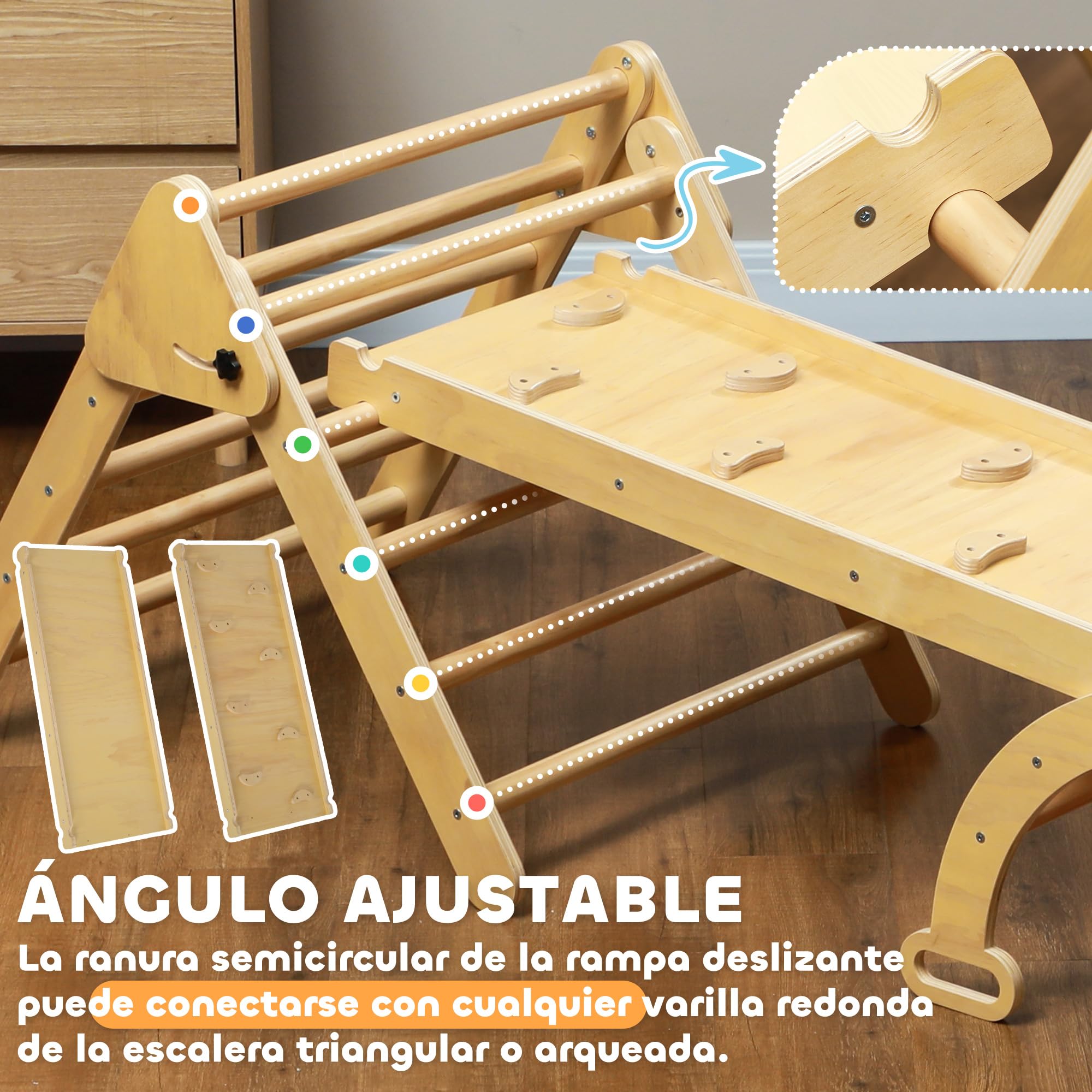 AIYAPLAY 5 en 1 Triángulo de Escalada Montessori con Arco y Rampa, Escalada para Niños de Madera Plegable, para 18-48 Meses, para Deslizarse o Escalar, 178x64,5 cm, Madera Natural