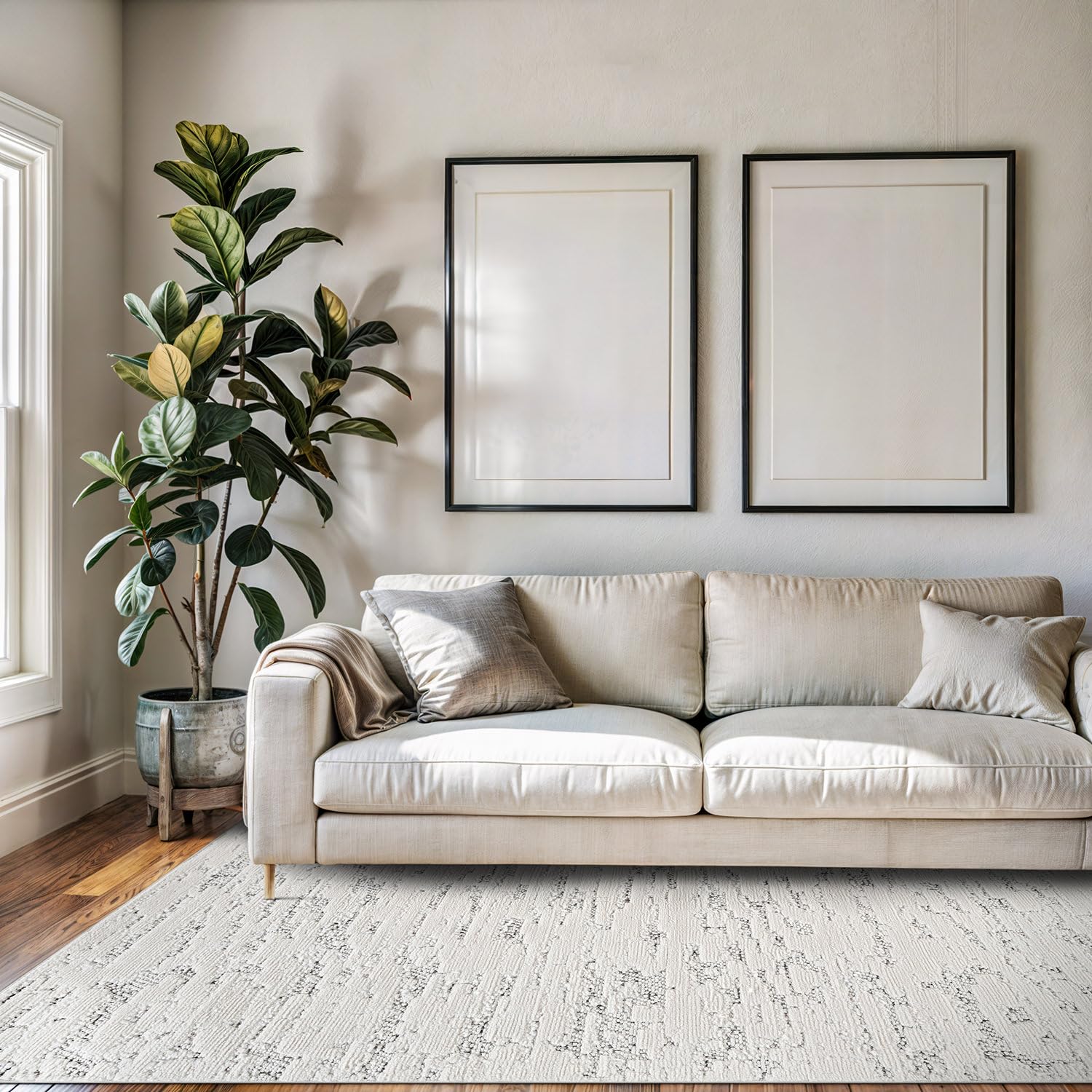 Beverly Rug Micro Loop Area Rug White/Gray 5x7 Abstract Modern Luxury Brushstroke Durable Soft Indoor Rugs for Living Dining Room Office Stain