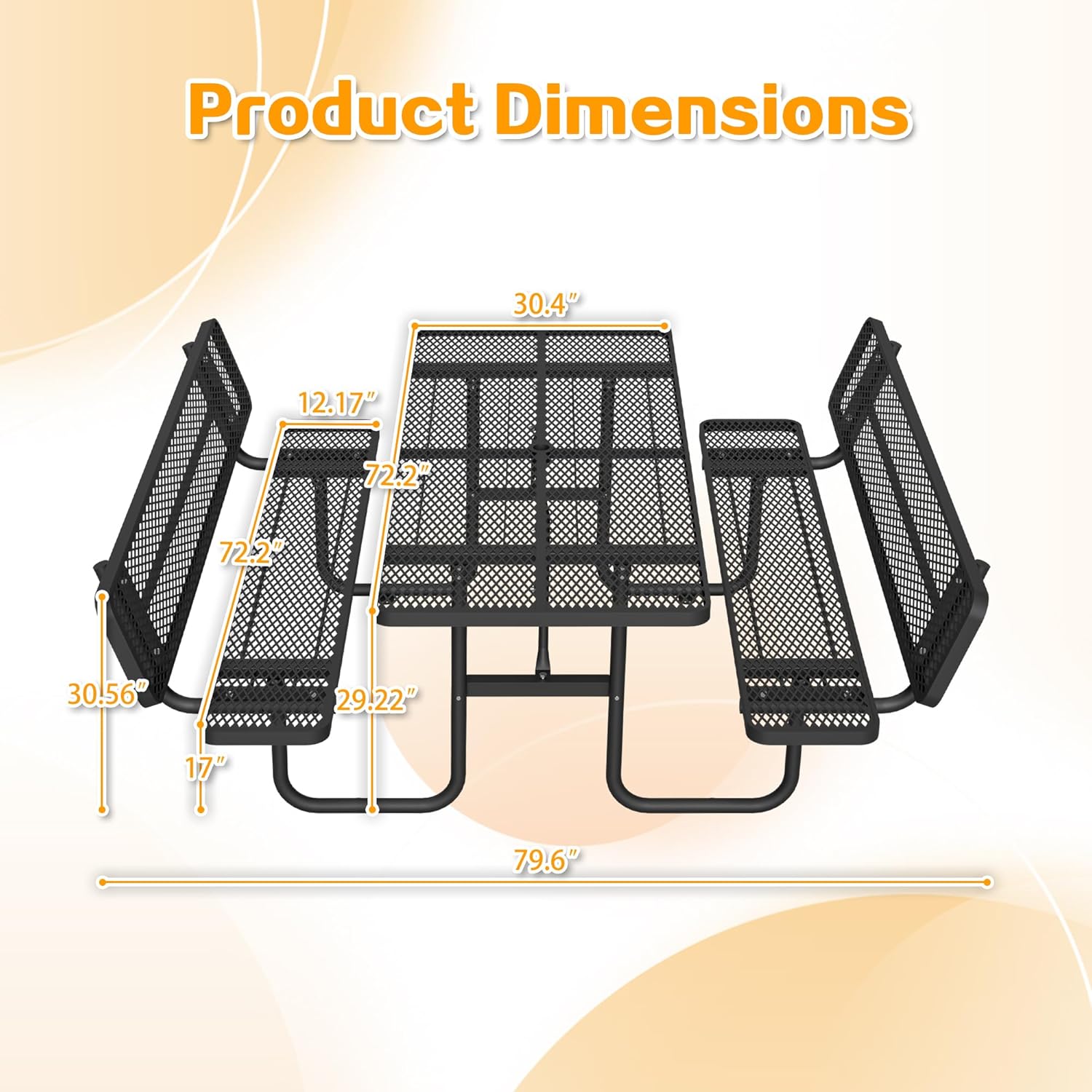 72'' Rectangular Metal Picnic Table with Backrest, Commercial Steel Picnic Tables with 1.73" Umbrella Pole, Heavy Duty Picnic Tables for Outdoor Garden Courtyard BBQ, Black