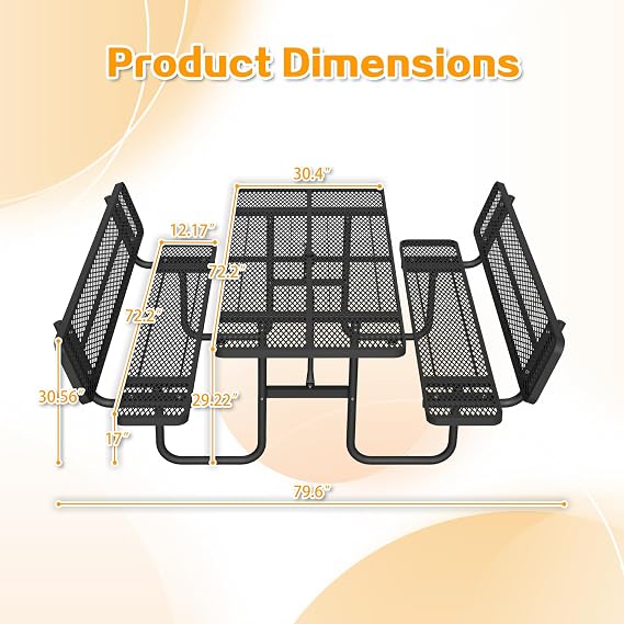 72 Heavy-Duty Iron Mesh Picnic Table Set with Backrest Black | 1.73'' Umbrella Hole, Commercial-Grade Outdoor Table for Patio, Garden or ParkRust-Resistant, Heat-Proof, All-Season Use