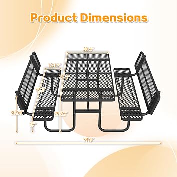 72 Heavy-Duty Iron Mesh Picnic Table Set with Backrest Black | 1.73'' Umbrella Hole, Commercial-Grade Outdoor Table for Patio, Garden or ParkRust-Resistant, Heat-Proof, All-Season Use