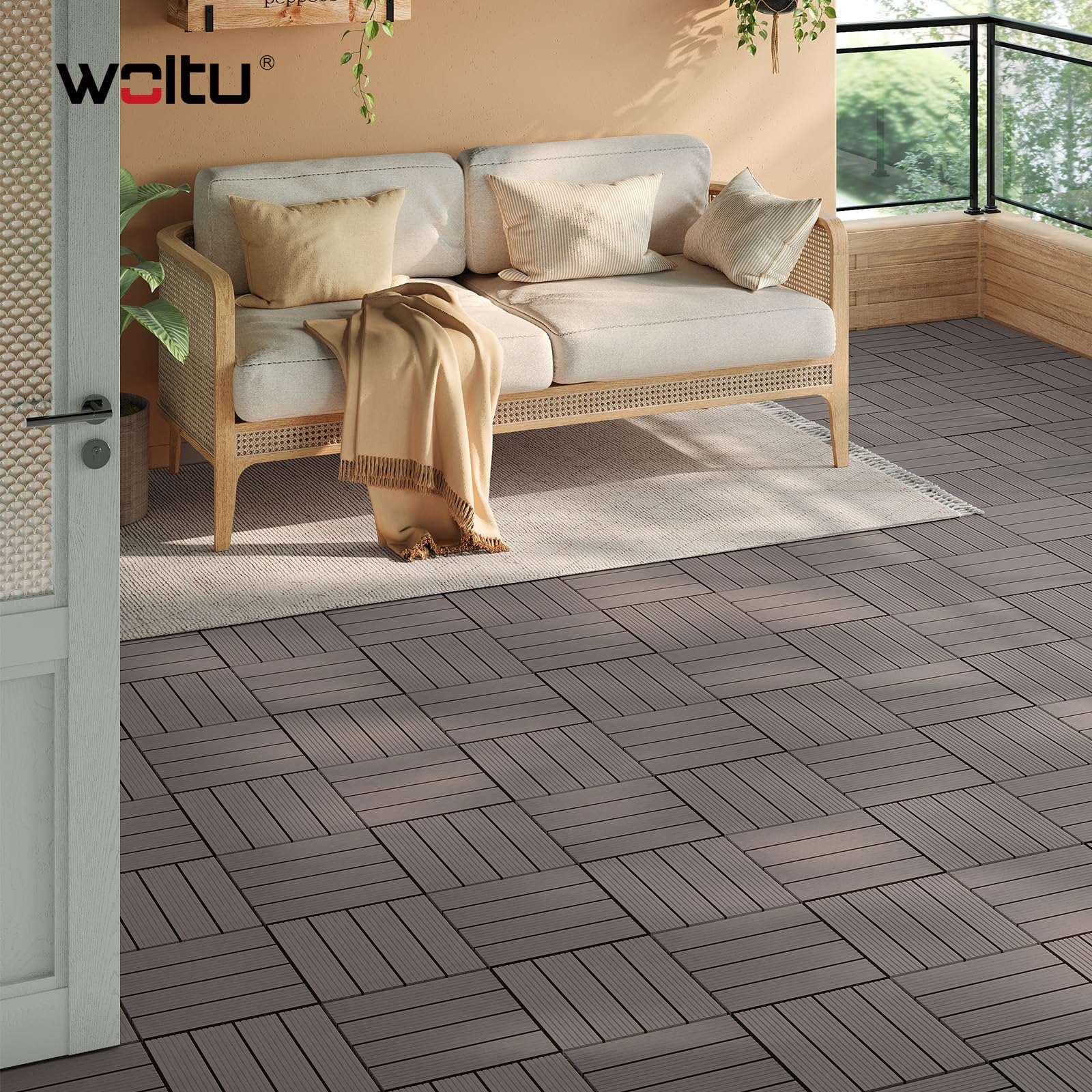 WOLTU Piastrelle per Pavimenti da Esterno Balcone/Giardino/Terrazza Pavimentazione ad Incastro in WPC, Legno Composito, con 22 Pannelli da 30x30 cm Caffè