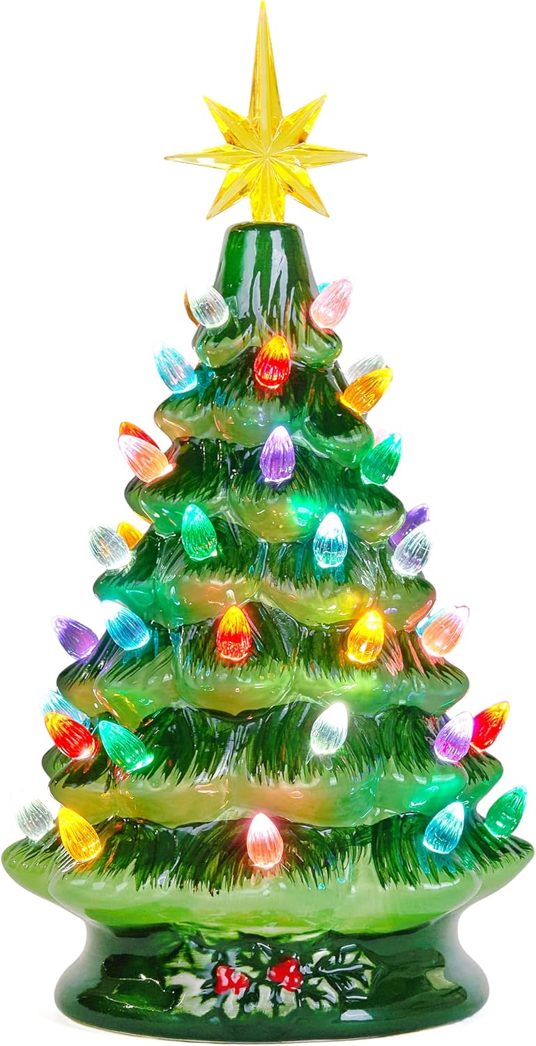 joiedomi 12" ceramic christmas tree, table top christmas tree with flower leaf, vintage pre-lit xmas decor with led lights, battery operated hand-painted xmas decorations indoor home green