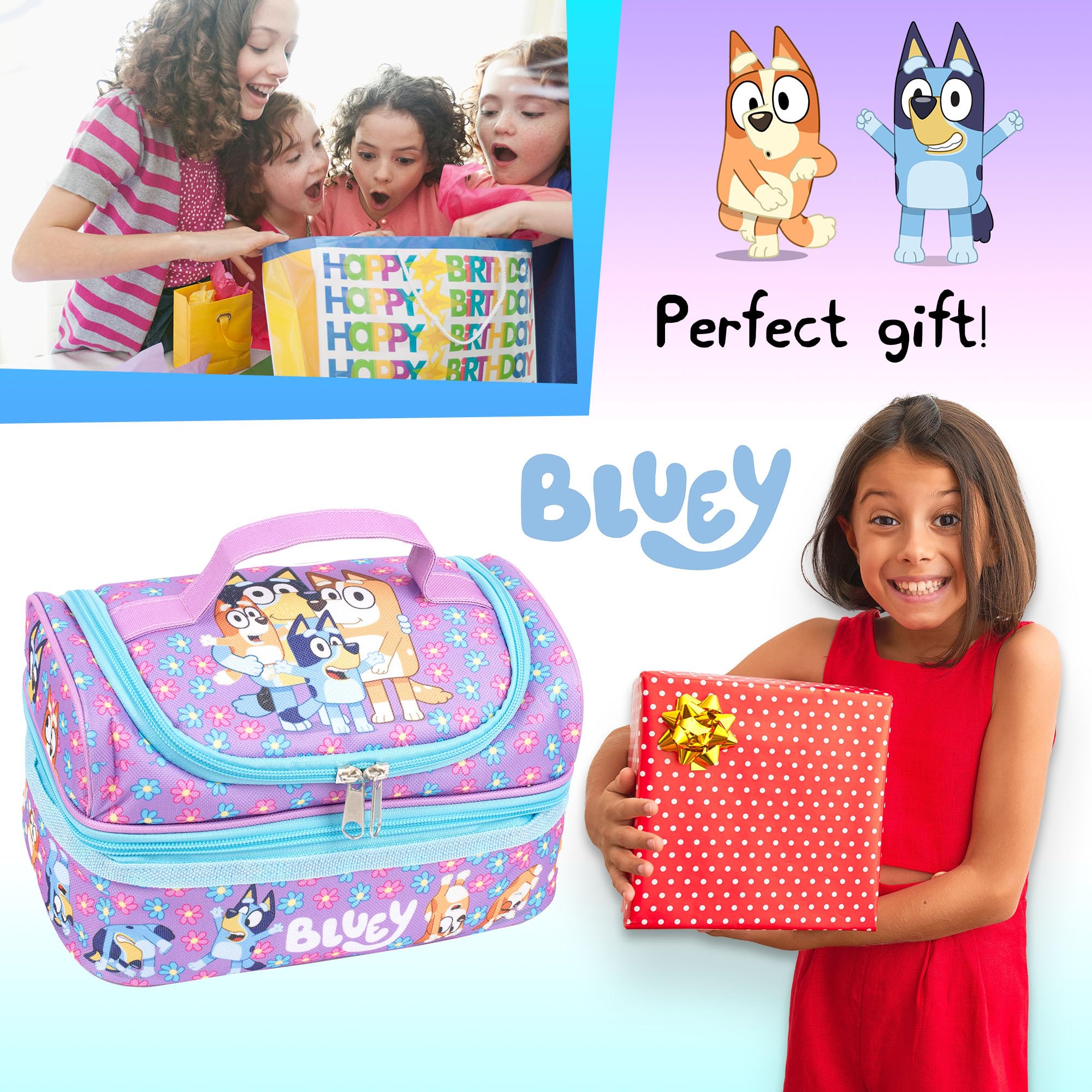 Bluey - Borsa per il pranzo per la scuola per bambini - Borsa per snack multi-scomparto per ragazze e ragazzi - Isolamento termico e grande capacità - Viola