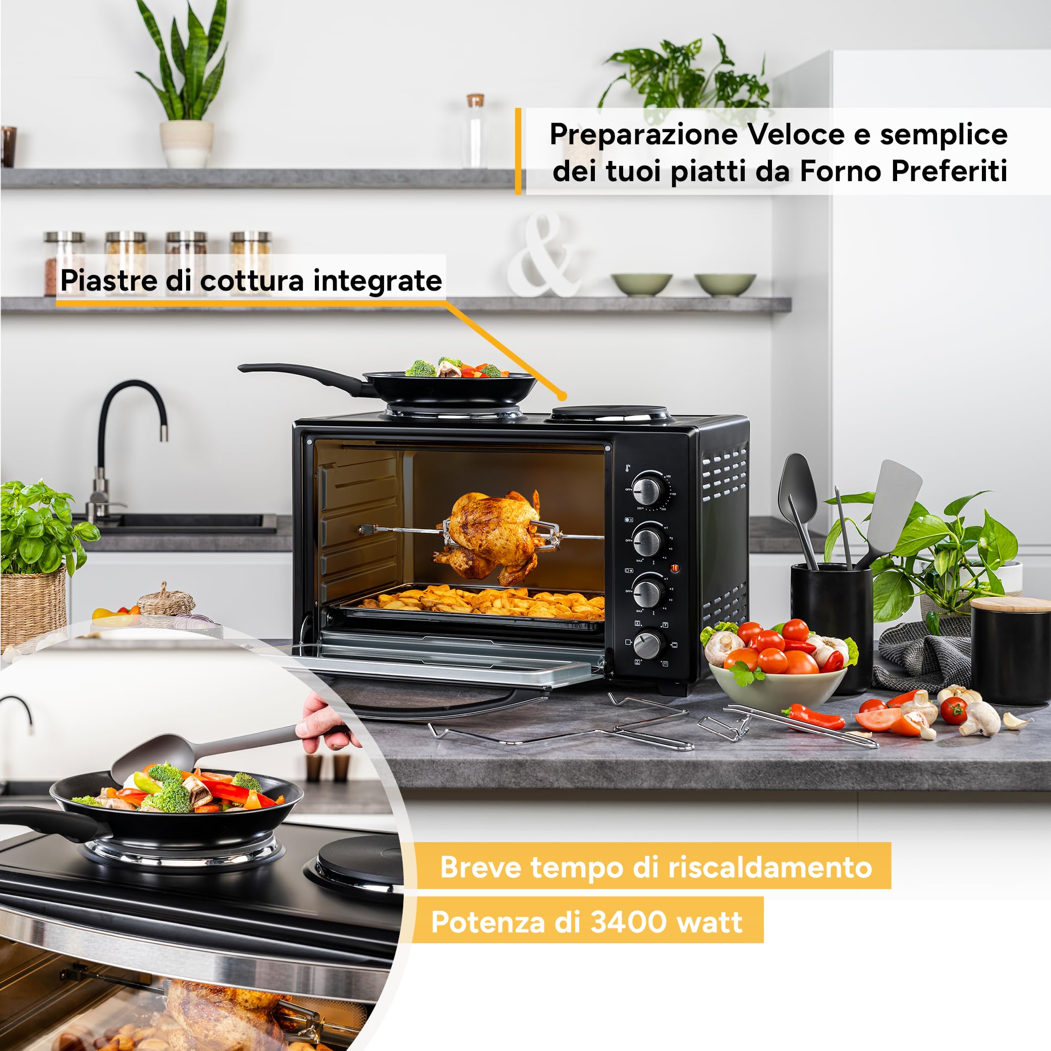 Forno con fornelli 60L 3200W - Fornetto pizza 230°C 6 modalità riscaldamento - Multiforno 4 altezze inserimento