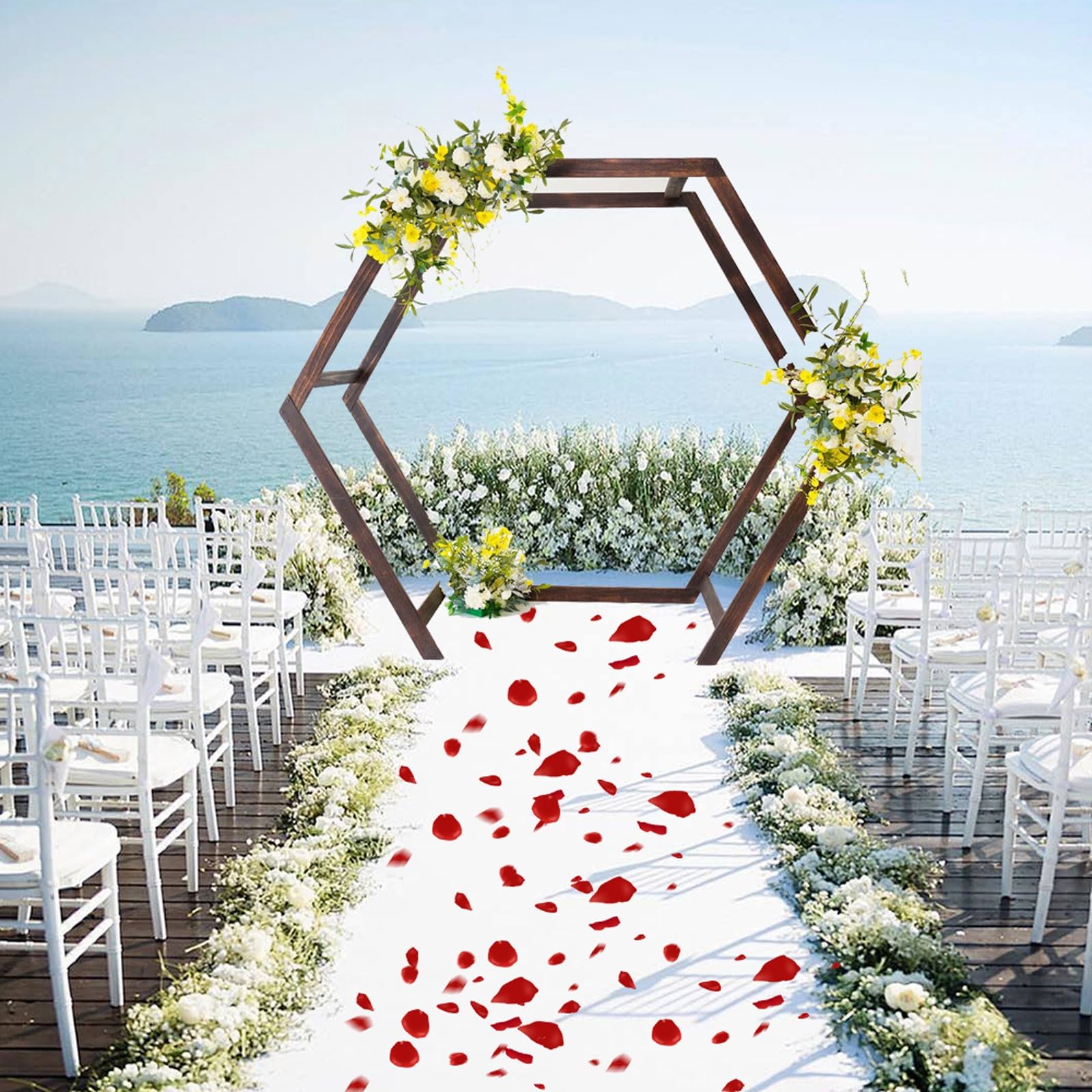 Sechseckiger Hochzeitsbogen aus Holz, Naturholz, rustikales modernes Design, perfekt für Hochzeiten im Innen- und Außenbereich, Party, Garten, Strand, Wald, rustikales Boho-Dekor