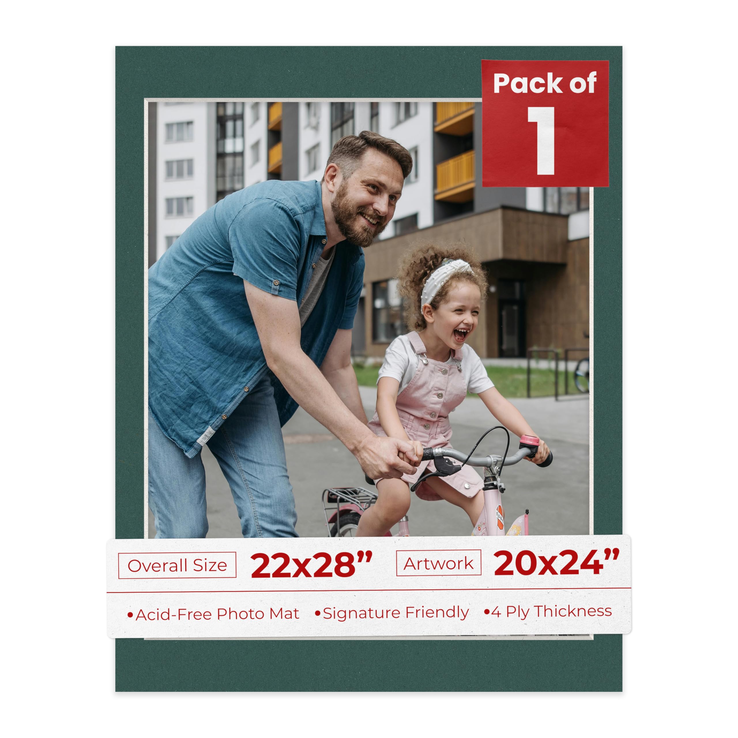 22x28 Mat Bevel Cut for 20x24 Photos - Acid Free Forest Green Precut Matboard With Backing Board and Crystal Clear, Self Seal Photo Mat Bag - For
