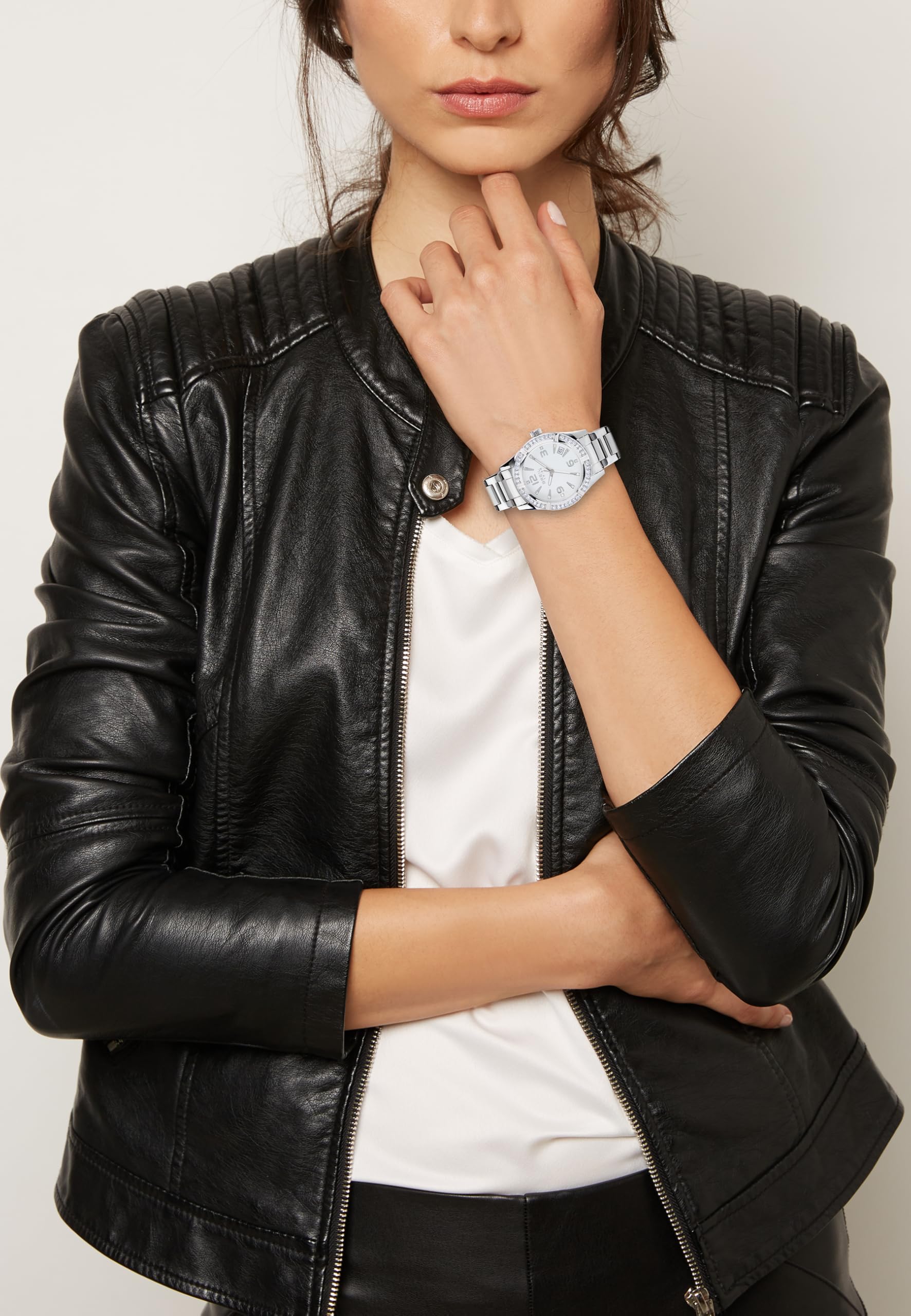 Breil, Collezione C'est Chic, Orologio Donna, Cronografo Donna in Acciaio Lucido, Lunetta con Cristalli, Quadrante Bianco, Cassa 32 mm, Pratica Chiusura, Resistente all'Acqua