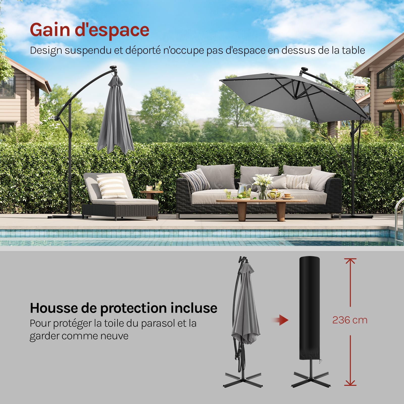 WOLTU Parasol Déporté, avec LED Solaire, Parasol de Jardin Extérieur, Hexagonal, Ф3m, Rotation à 360°, Inclinaison Réglable, UPF 50+, Mât en Métal, avec Manivelle, Housse et Cordes