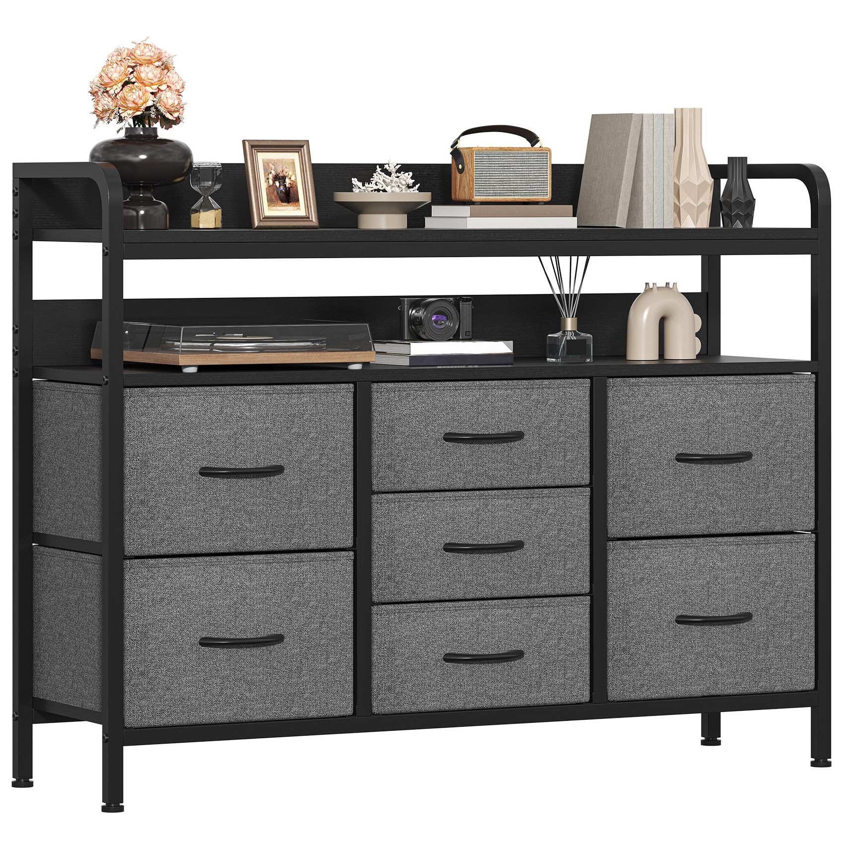 GoaHi Chest of Drawers Bedroom, 7 Fabric Drawers with 2 Layers Shelf, Storage Organizer Unit for Bedroom Living Room Closet, Sturdy Steel Frame & Wooden Top, Fabric Dresser, Deep Gray