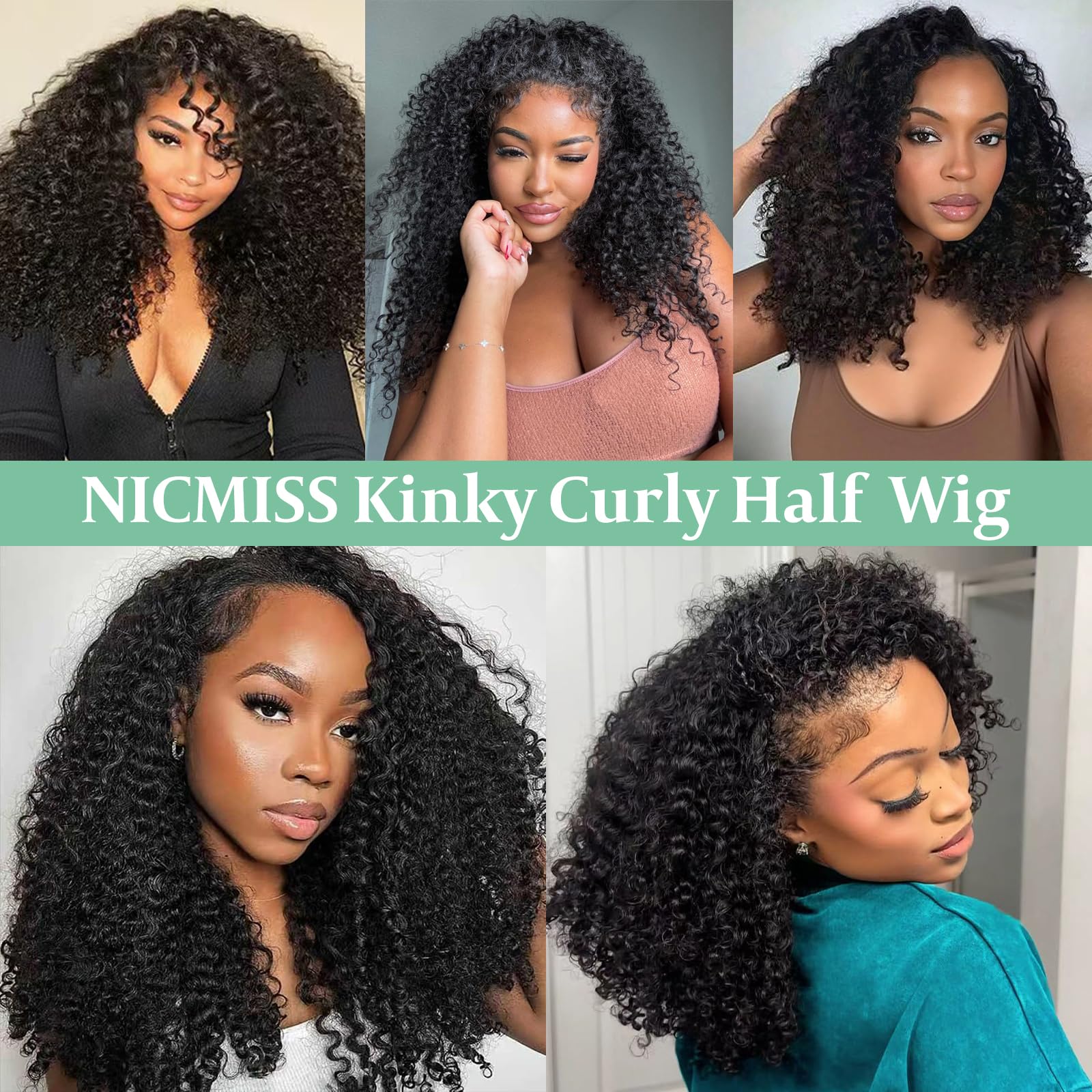 Kinky Curly Half Wig Human Hair 180% Density 3 In 1 Seamless Flip Over Half Wigs Human Hair Glueless Wear and Go Kinky Curly Wig with Drawstring Headband Wigs for Women Invisible Hairline 16 Inch