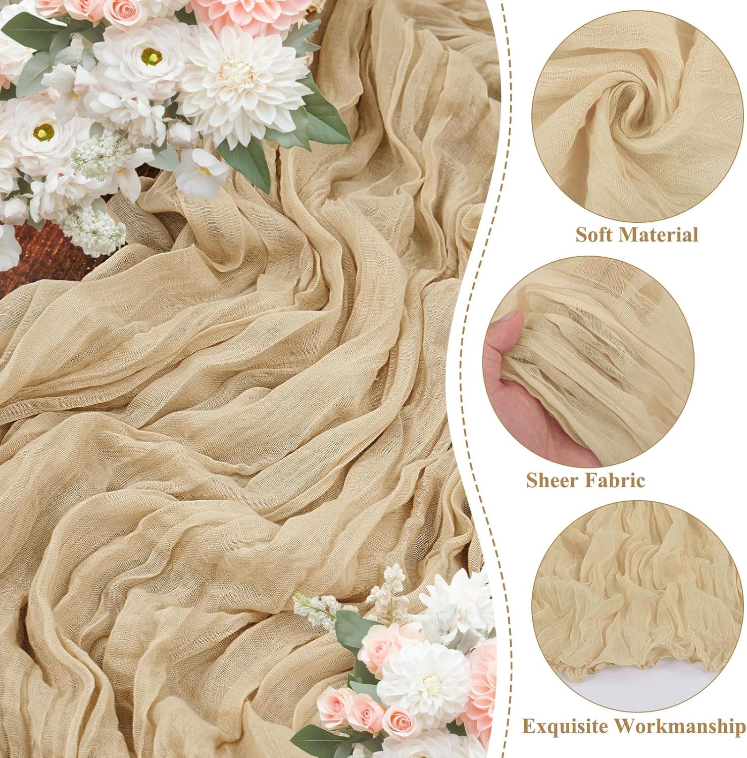 8 Packs Cheesecloth Table Runner 10FT Long Boho Gauze Fabric Table Runner Vintage Rustic Sheer Runners for Wedding Party Bridal Baby Shower Table Decorations (Beige )