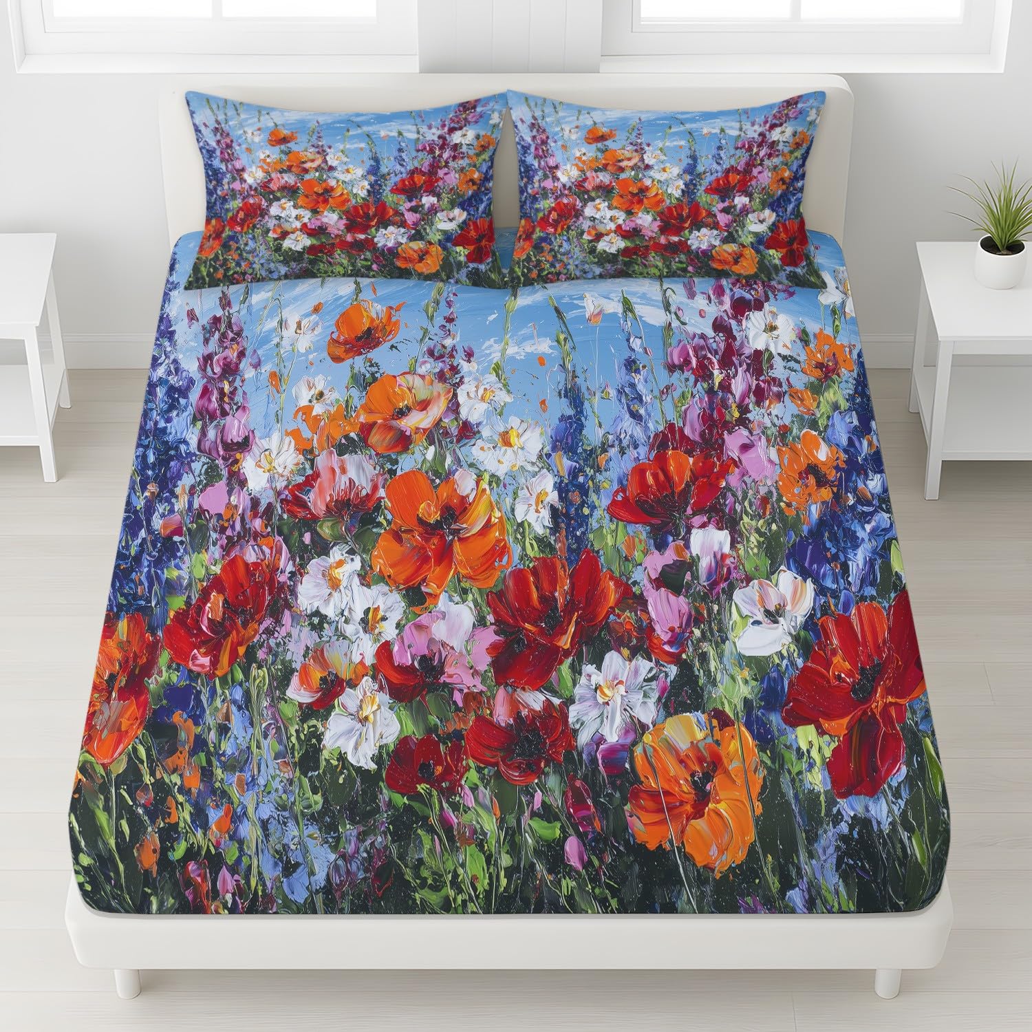Elegant Blumen Spannbetttuch Natürlich Blume Spannbettlaken 140 x 200 x 30 cm 3teilig Mikrofaser Bettwäsche Set mit 2 Kissenbezüge 80 x 80 cm Kein Flachbettlaken