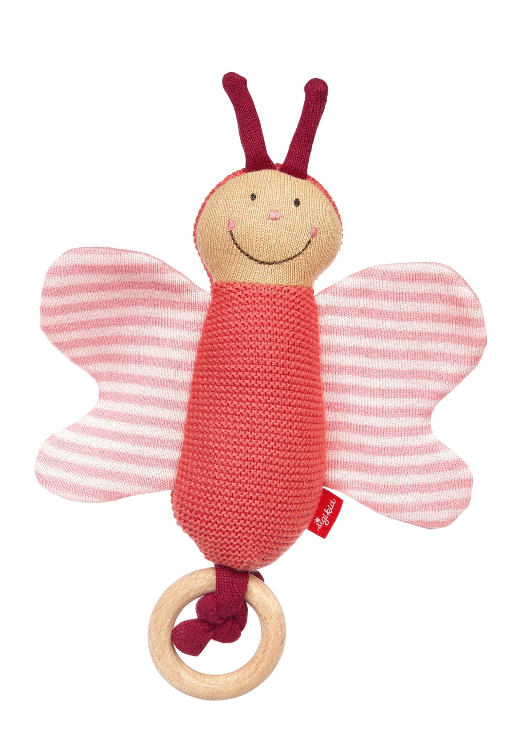 SIGIKID 39674 Zabawka dla niemowląt z dzianiny z dzianiny bawełnianej z drewnianym pierścieniem i grzechotką, do chwytania, słuchania i zabawy, dla dzieci w wieku 3-12 miesięcy, różowy, 16 x 20 x 5 cm