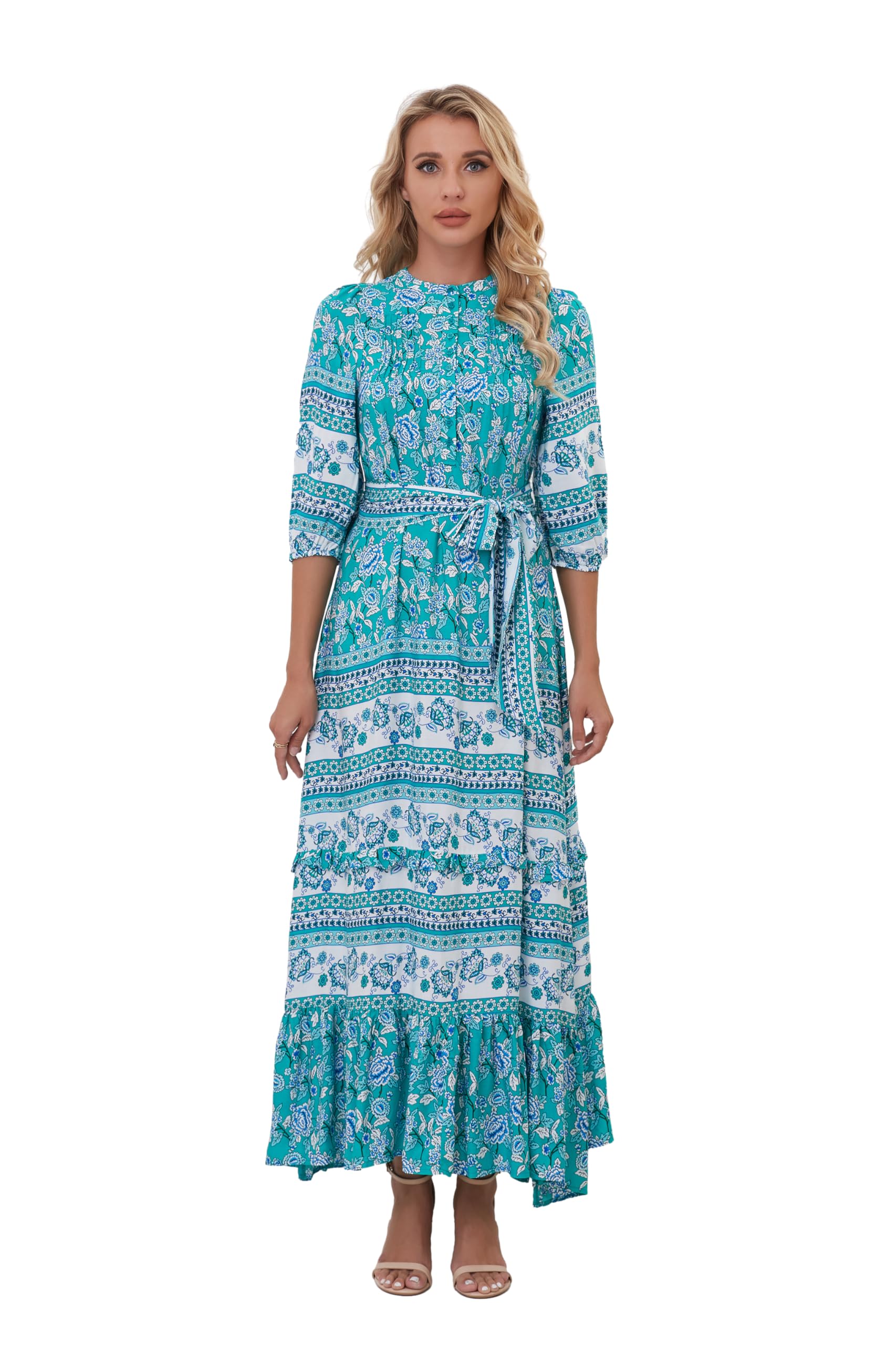 HECCPLI Women 3/4 Sleeves Front Buttons Floral Print Casual Bohemian Maxi Dresses