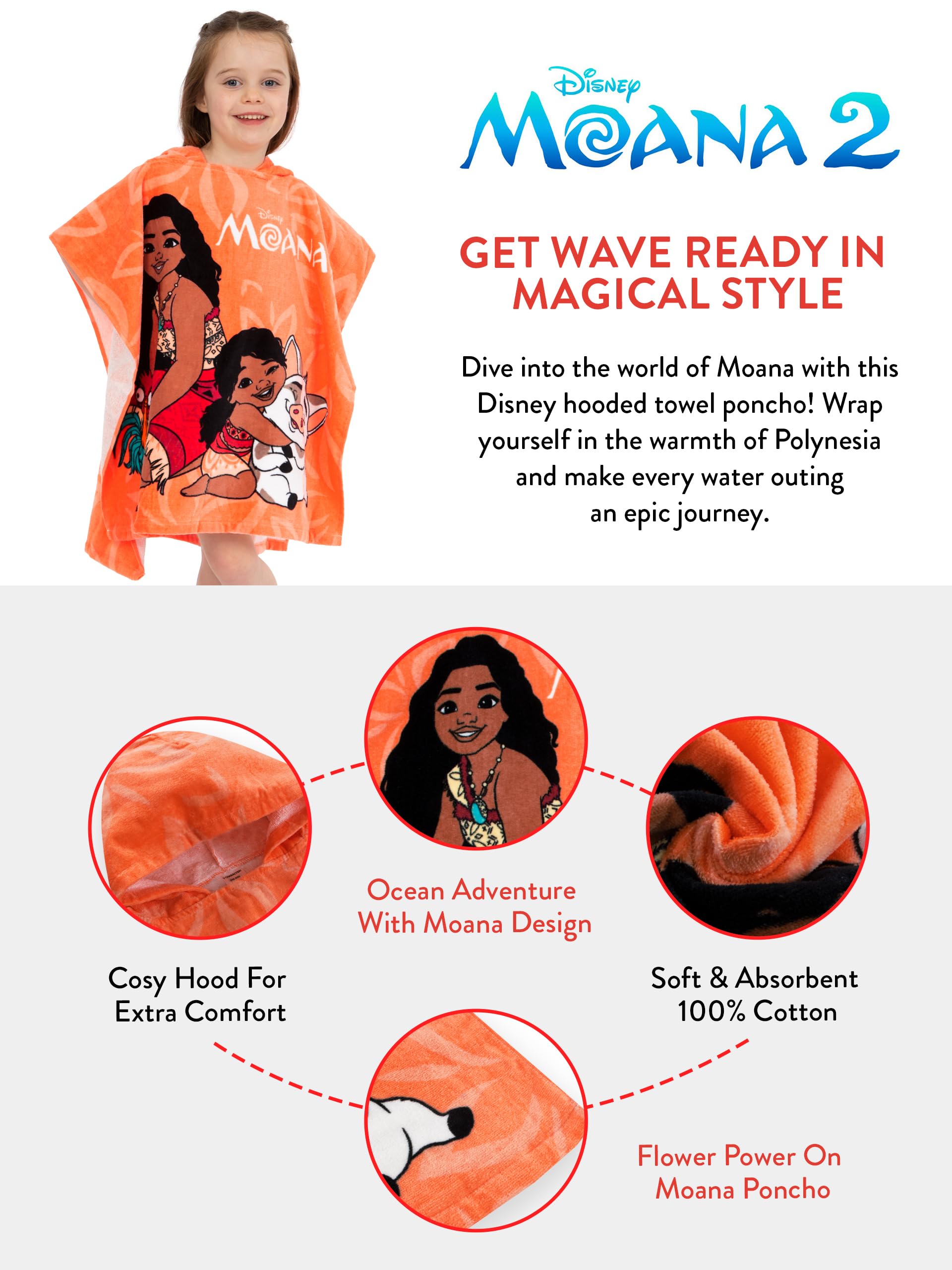 Disney Poncho | Ręcznik Poncho Vaiana dla Dzieci | Dziewczęcy Bawełniany Ręcznik Plażowy | Kąpielowy z Kapturem | Pływania | One Size | Pomarańczowy