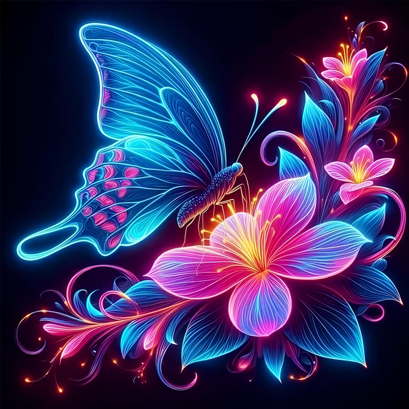 POETRYDRAW Neon Butterfly Flower 5D Round Drill Diamond Art Kit for Adults & Beginners 15.75x15.75in Home Wall Decor Gift