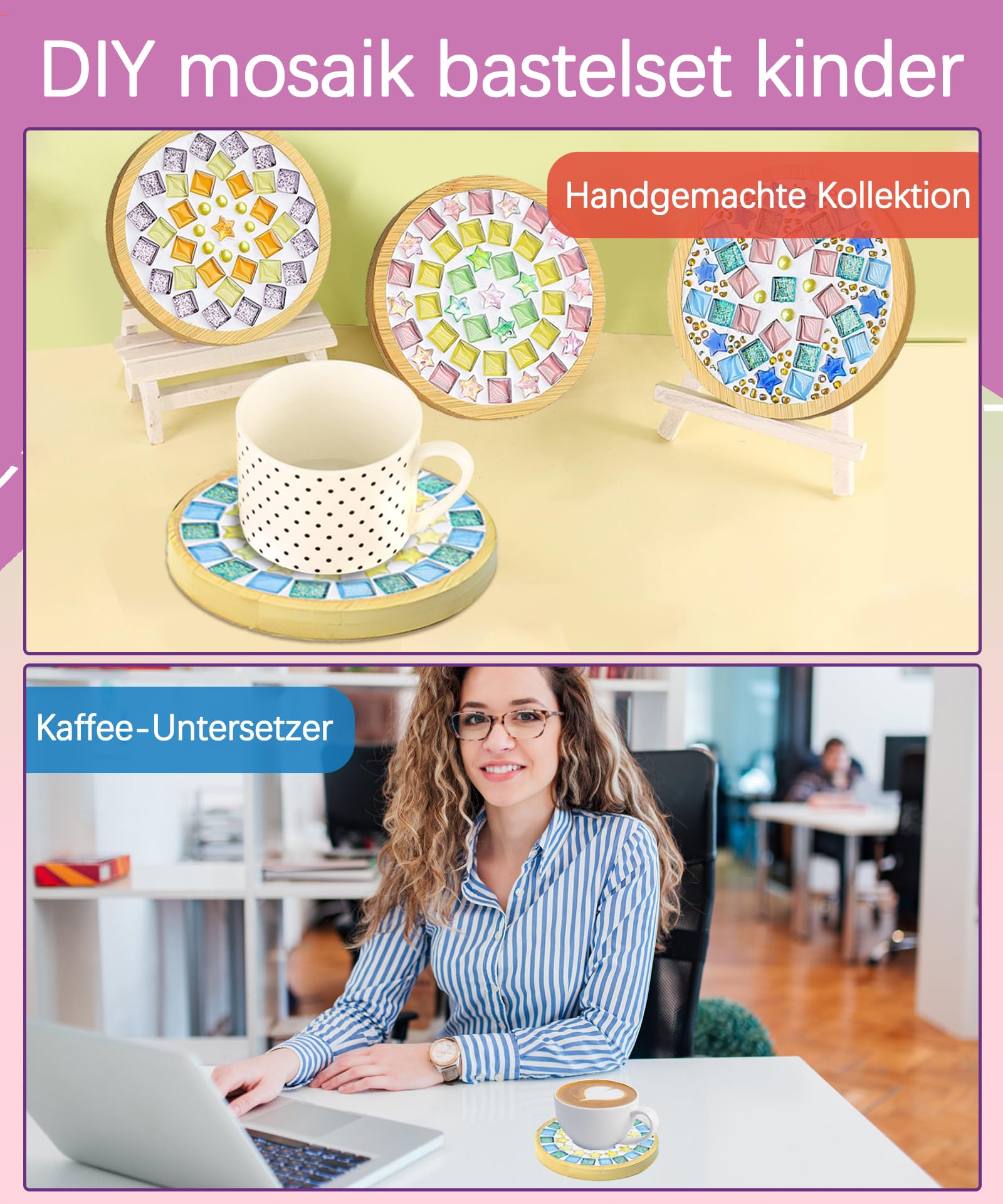 Finsink Set di 8 sottobicchieri a mosaico per bambini, set fai da te,di sottobicchieri in legno, set di pietre a mosaico per il fai da te, regalo di compleanno per bambini adulti