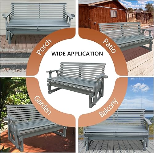 Miniatura 7 de Mecedora para exteriores de 2 plazas, mecedora de madera de 5 pies con respaldo alto enrollable, portavasos y contorno profundo para porche, jardín,