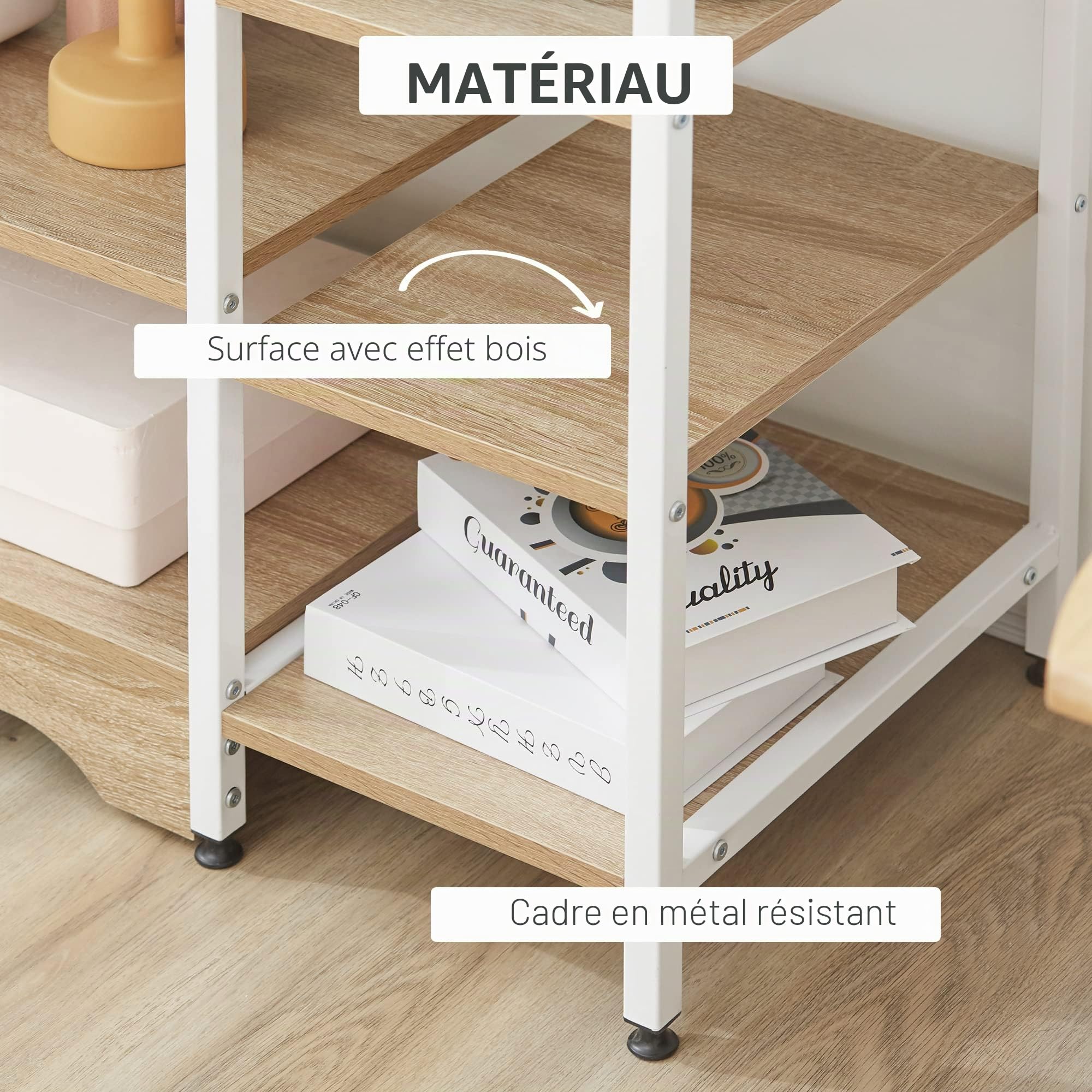 HOMCOM Etagère basse de cuisine, style industriel, avec 7 étagères en métal et bois, 90x40x95cm, blanc