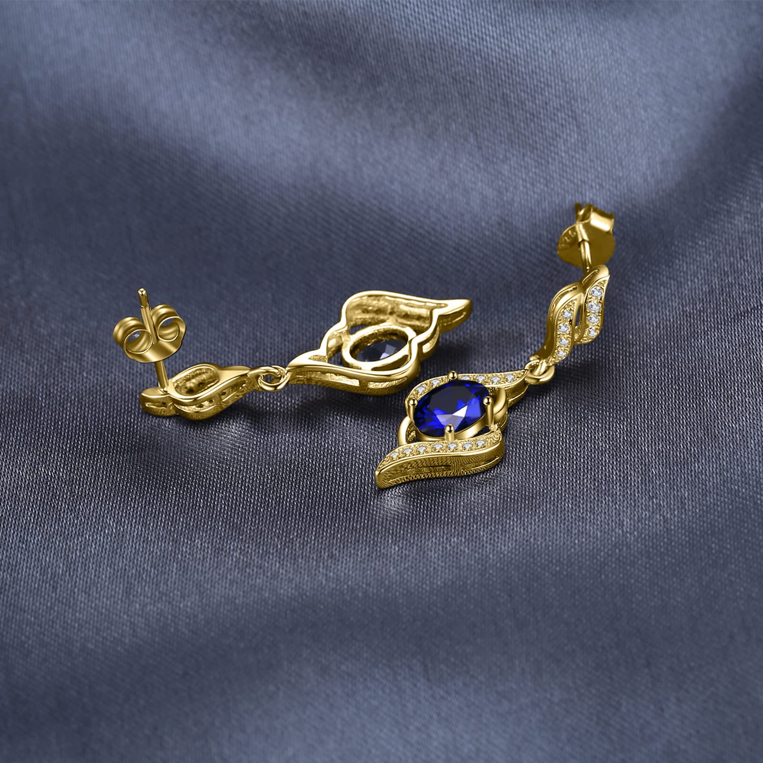 JewelryPalace Pendientes Colgantes Mujer Plata Oro 14k Oro Rosa, Ola Pendientes de Gota 2.2ct Zafiro Azul Creado Corte Ovalado, Elegantes Pendientes Niña Piedra Preciosa, Joyas Mujer