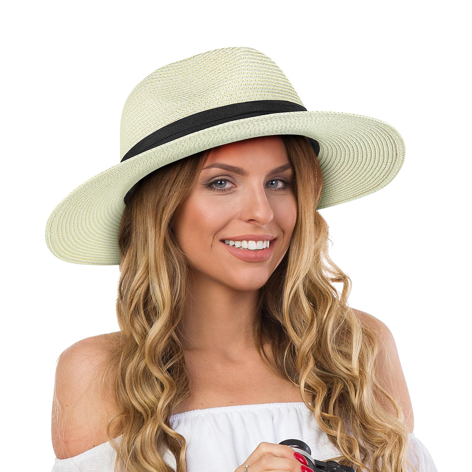 AN HUI MING Sombrero de Paja de ala Corta para Mujer Panamá Fedora Beach Sun Trilby Hat para Vacaciones