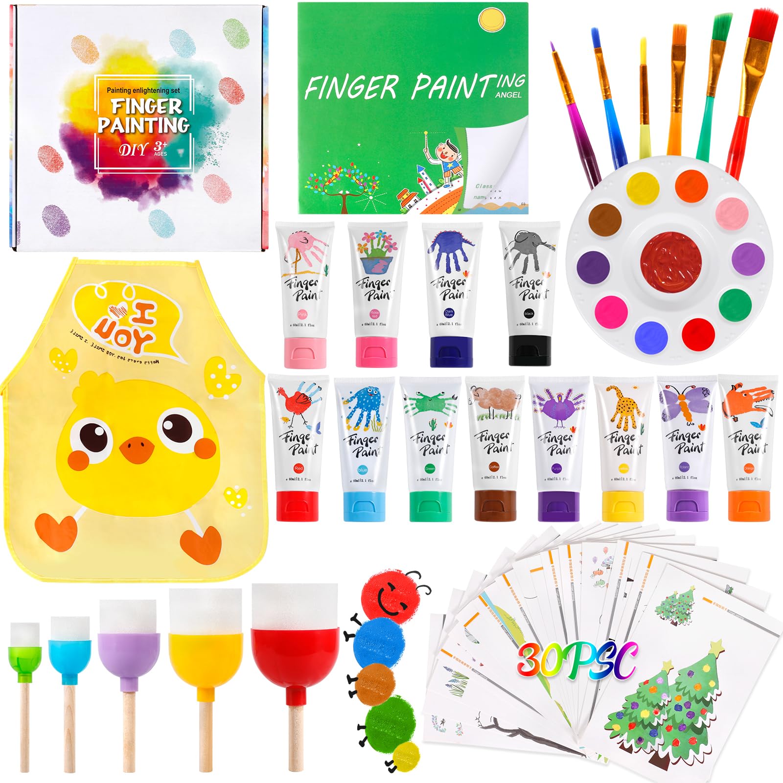 AQXONG Pintura para Dedos Lavable para Niños, 56 Pcs Kit de Pintura para Dedos No Tóxico, Kit de Pintura de Bricolaje para Niños Pequeños con 12 Colores de Pigmentos, Alta Capacidad（60ML）